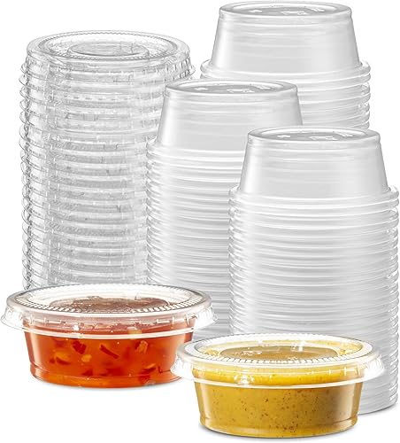 1.5 oz  200 juegos Vasos de plástico transparente con tapas, pequeños recipientes pequeños para control de porciones, chupitos de gelatina,