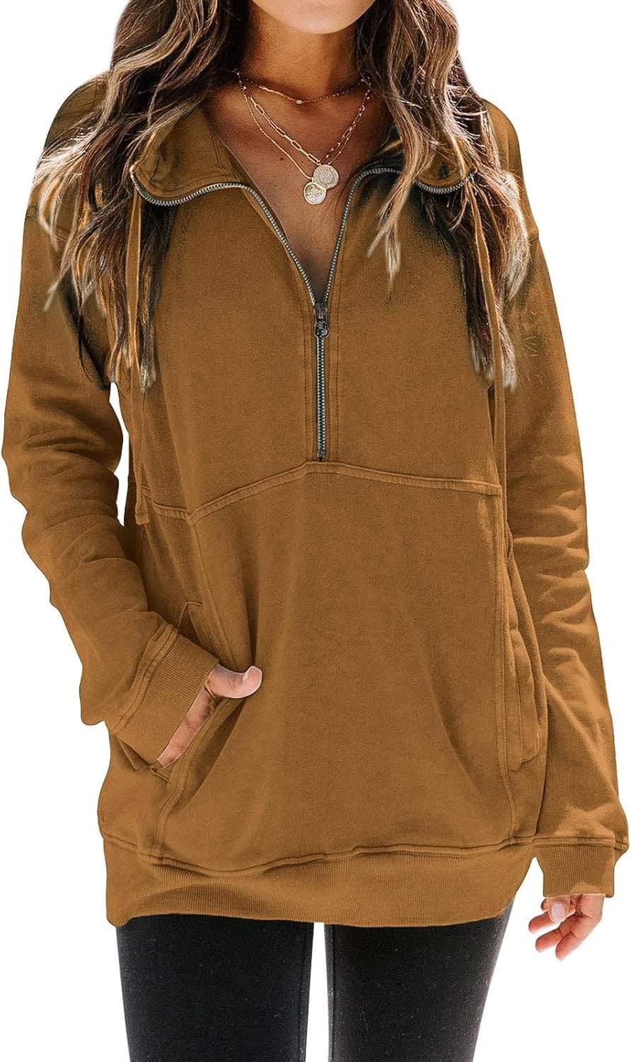 Ladmous Women’s Casual Long Sleeve Half Zip Sweatshirt Lapel Drawstring Oversized Pullover Tops with Pockets（S-2XL