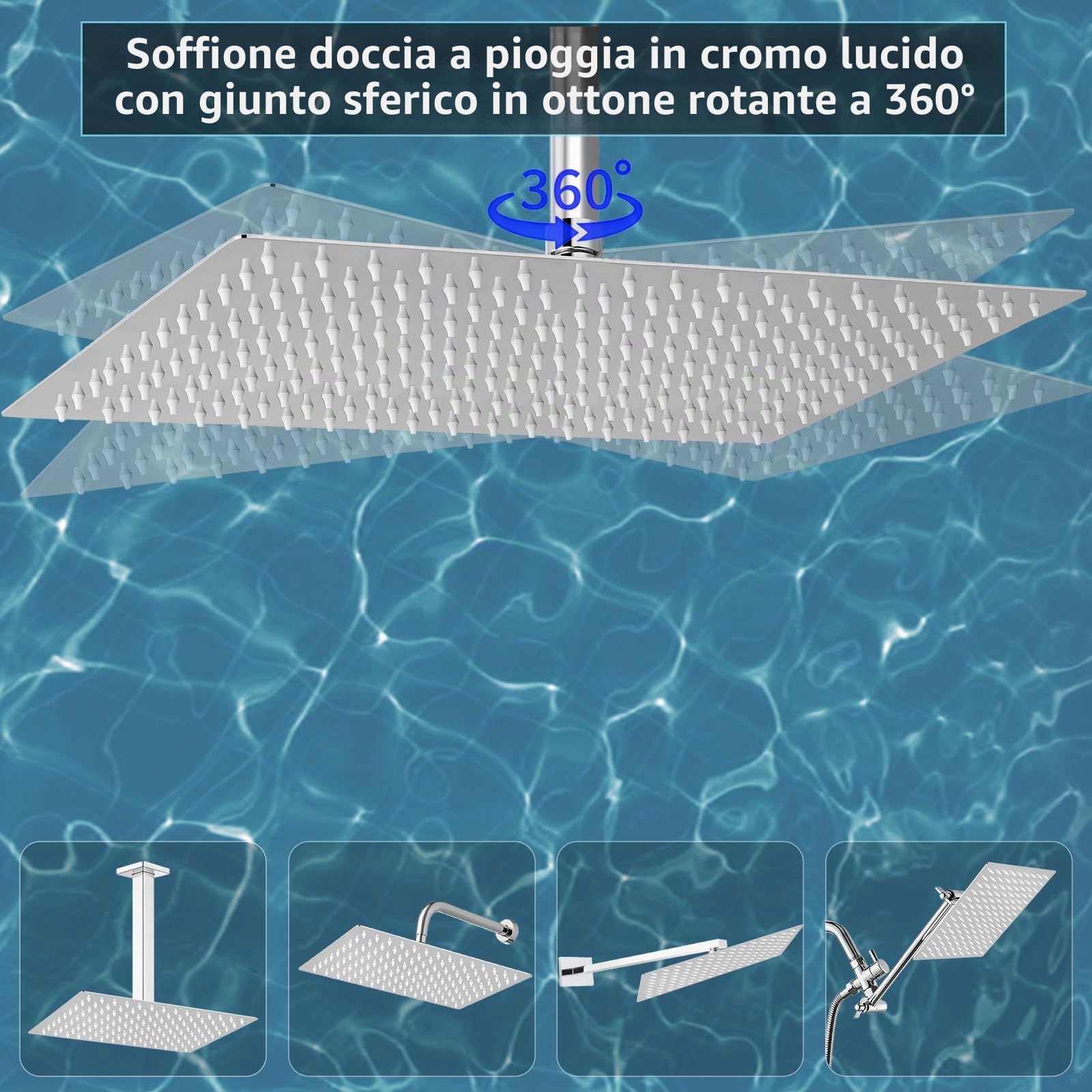 Soffione doccia a pioggia extra large, 40 x 30 cm, rettangolare, in acciaio inox, ad alto flusso, copertura a cascata, finitura di lusso per il bagno (cromato)