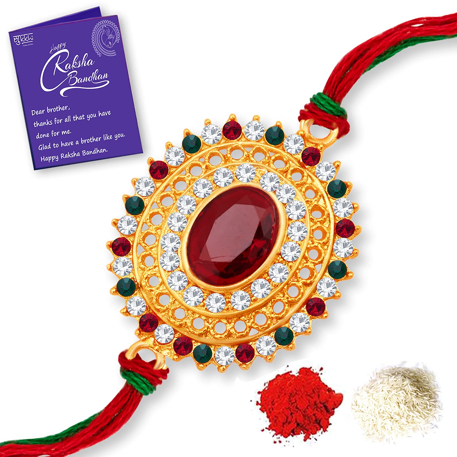 Sukkhi Rakhi Resplendent Kundan Designer Gold Plated Premium Rakhi for Brother With Roli Chawal & Greeting Card | Rakhi for Bhaiya | Rakhi for MEN | Kundan Rakhi | (RAK100035) (B09413Z4T1) Amazon Price History, Amazon Price Tracker