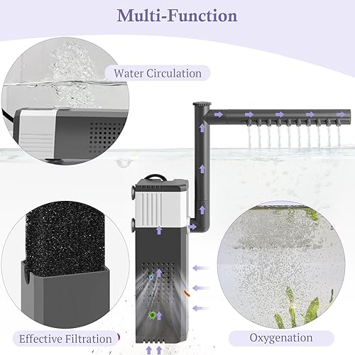 Miniatura 6 de Filtro de acuario potente de 10 W y 130 GPH para tanque de peces de 10 a 35 galones, filtro ajustable con esponja bioquímica, filtros sumergibles de