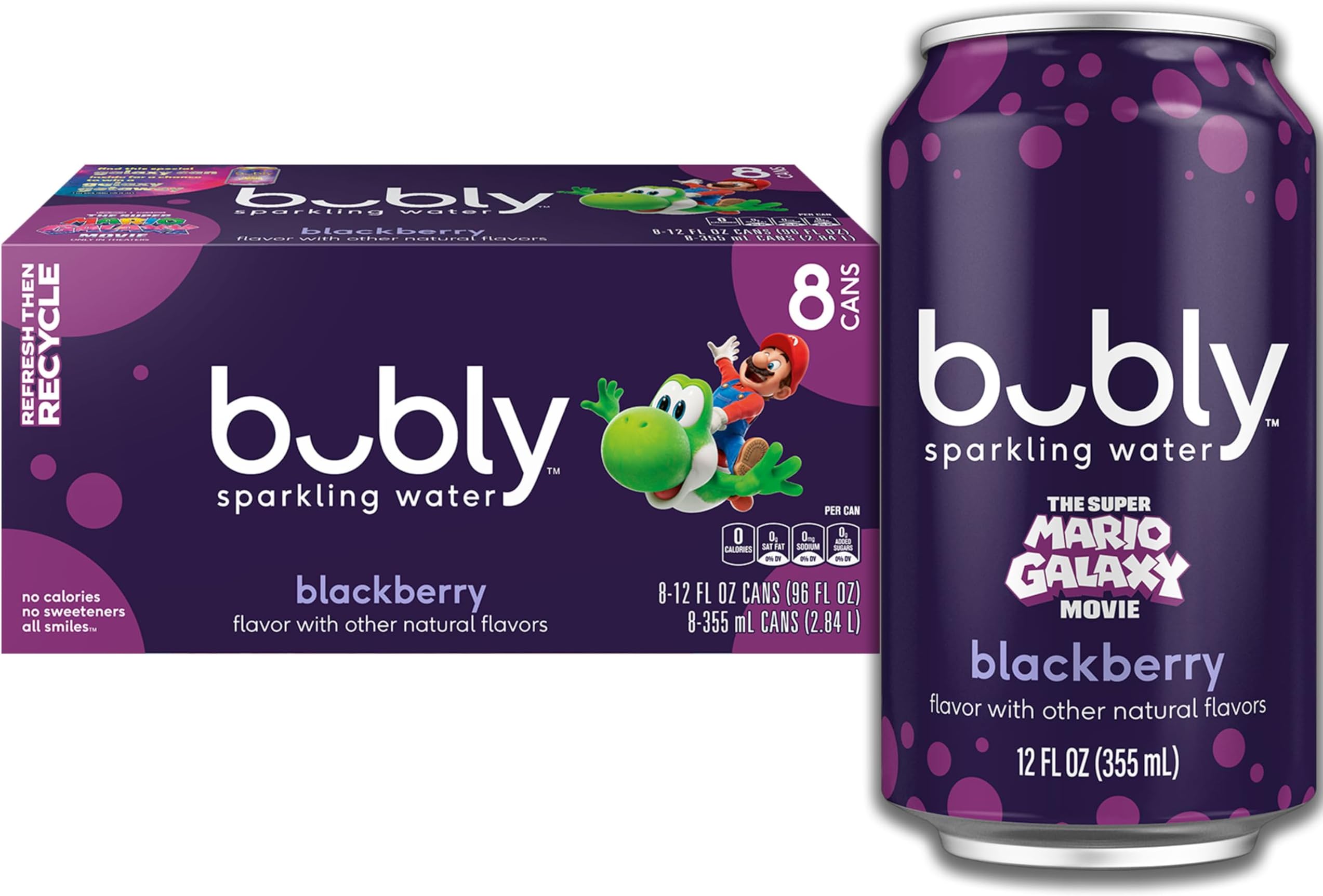 Sparkling Water, The Super Mario Galaxy Movie Blackberry, Zero Sugar & Zero Calories, 12 Fl Oz Cans (Pack of 8), Packaging May Vary