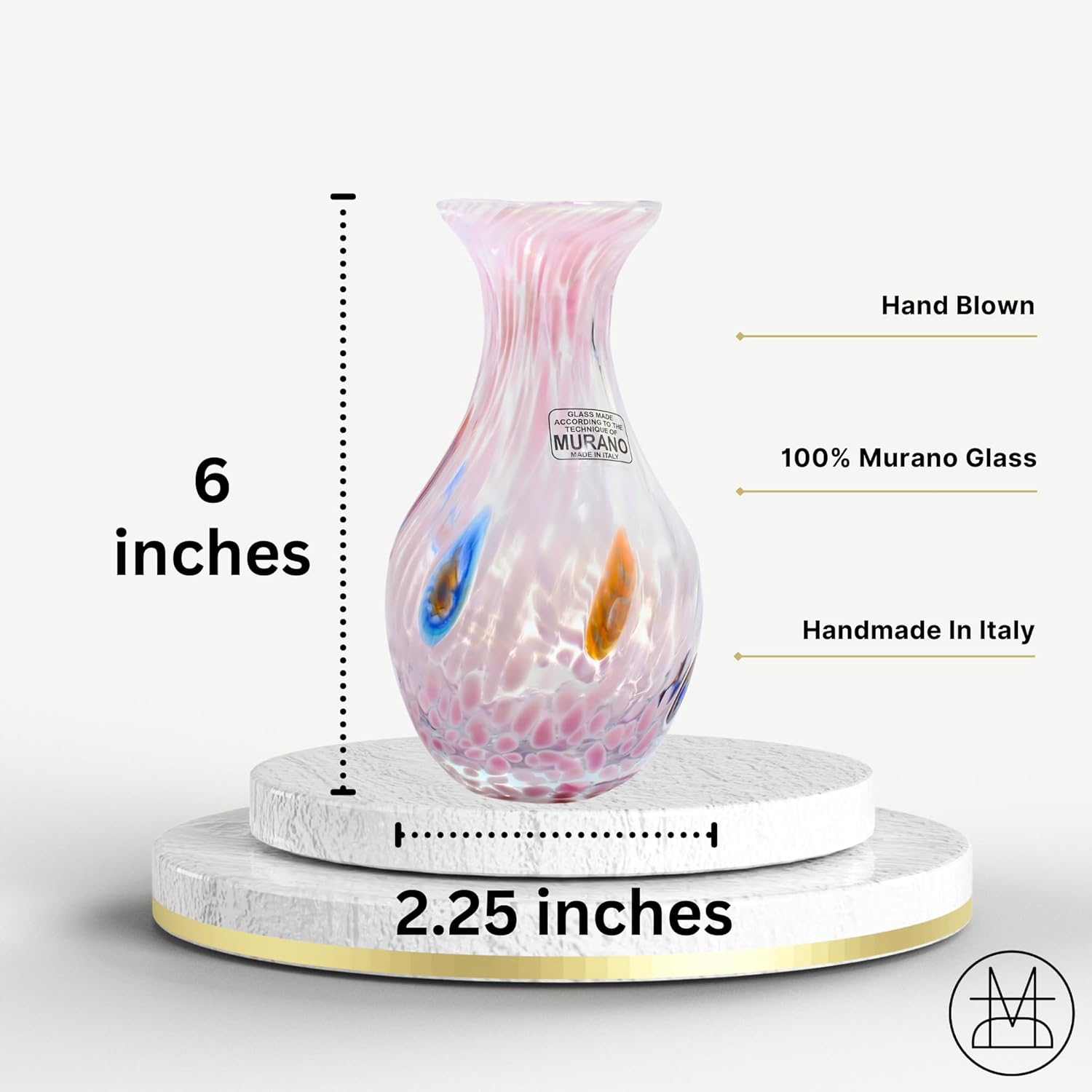 Murano Glass Vase, 6 inch Tall, 1 PCS, Yellow, Green, Blue, Pink, Hand Blown Glass Vase for Decor, Centerpiece, Living Room, Bedroom, Art Glass, Unique Vase Decor, Made in Italy (Pink)