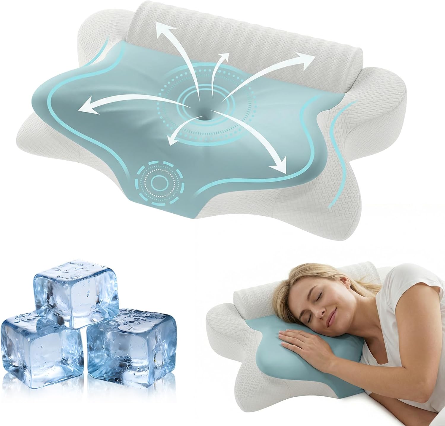Cervical Neck Pillow for Pain Relief & Sleeping, Ergonomic Posture Pillow Neck Support, Cooling Memory Foam Pillow with Roll Pillow, Orthopedic Contour Pillow for Side Back Stomach Sleepers, Blue