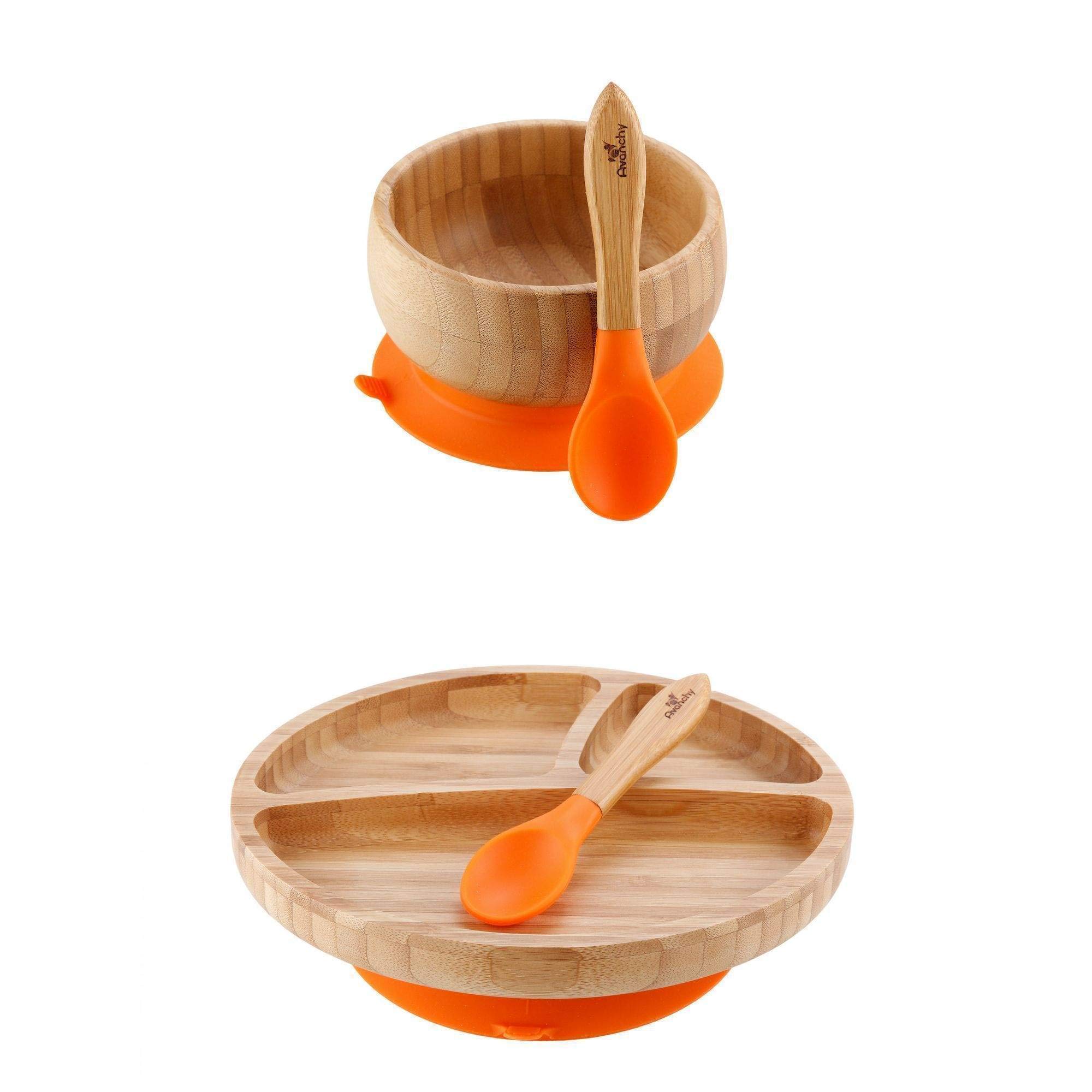 Avanchy Bamboo Suction Toddler Divider Plate, Bamboo Bowl & Spoon - 9 Months and Older - Silicon Suc