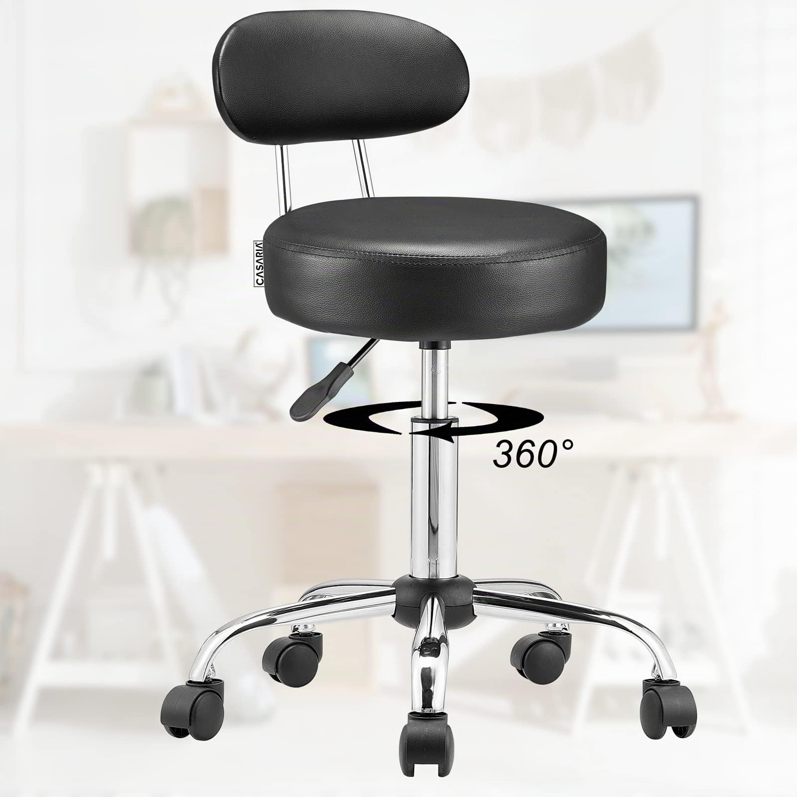 CASARIA® Taburete Oficina Giratorio 360° con Ruedas Respaldo Silla Escritorio Trabajo Altura Ajustable 46-60cm Asiento 10 cm Grosor Resistente Negro