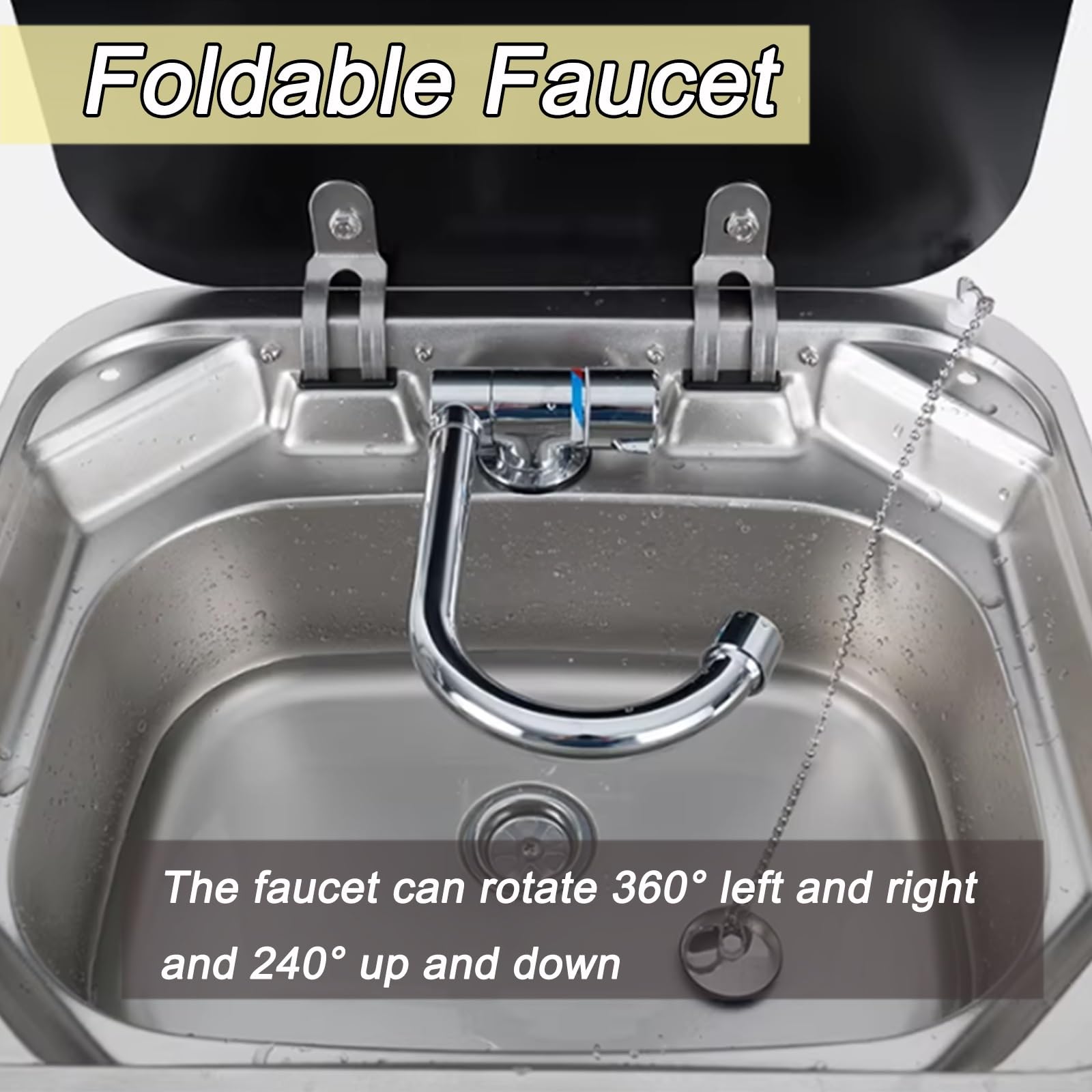 Fregadero Camper con Tapa, Lavabo Caravana con Grifo Plegable, Fregadero Empotrable, Material de Acero Inoxidable, Adecuado para Remolques y Caravanas