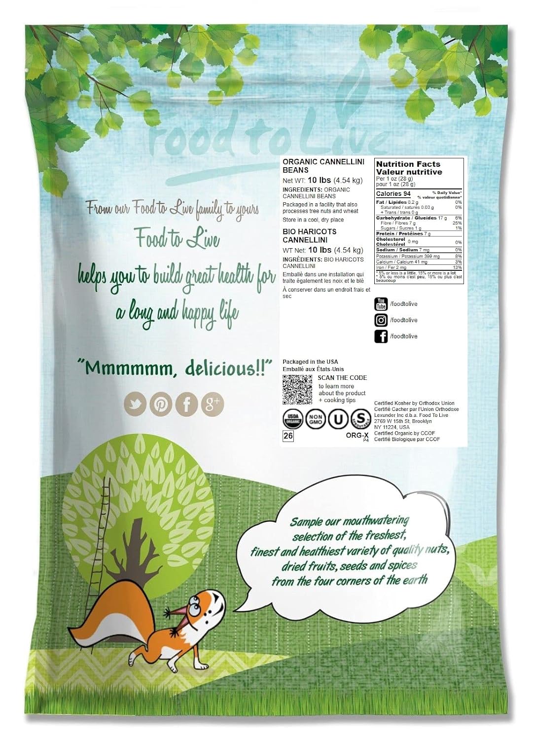 Food to Live Organic Cannellini Beans, 10 Pounds – Non-GMO, Dried White Kidney Beans, Sproutable, Vegan, Kosher, Bulk. Pre-Soak Needed. Rich in Fiber, Protein. Great for Minestrone Soup, Bean Salad.