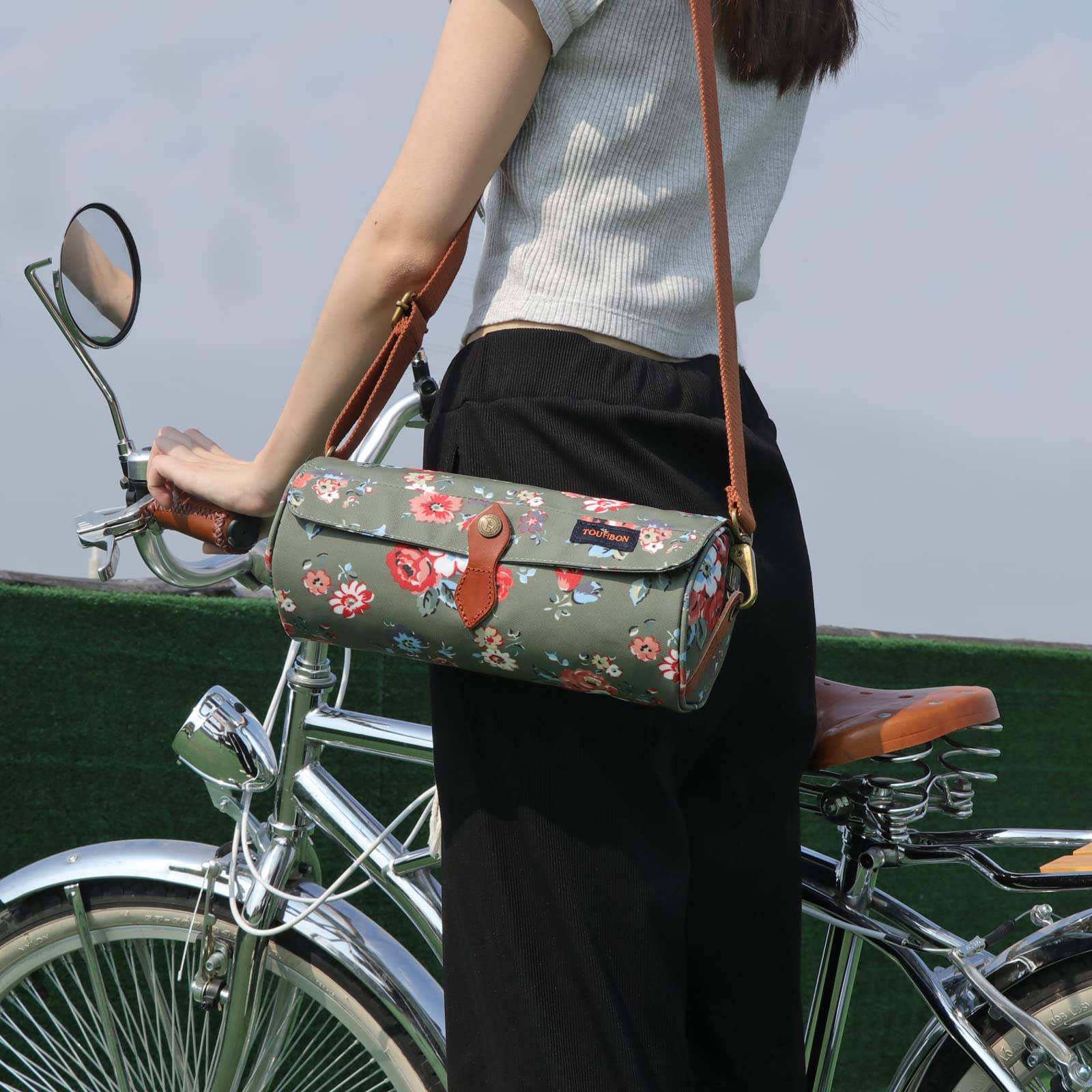 TOURBON Borsa da Bicicletta per Manubrio Anteriore Impermeabile - Borsa Portaoggetti con Tasche per Utensili - Motivo Floreale
