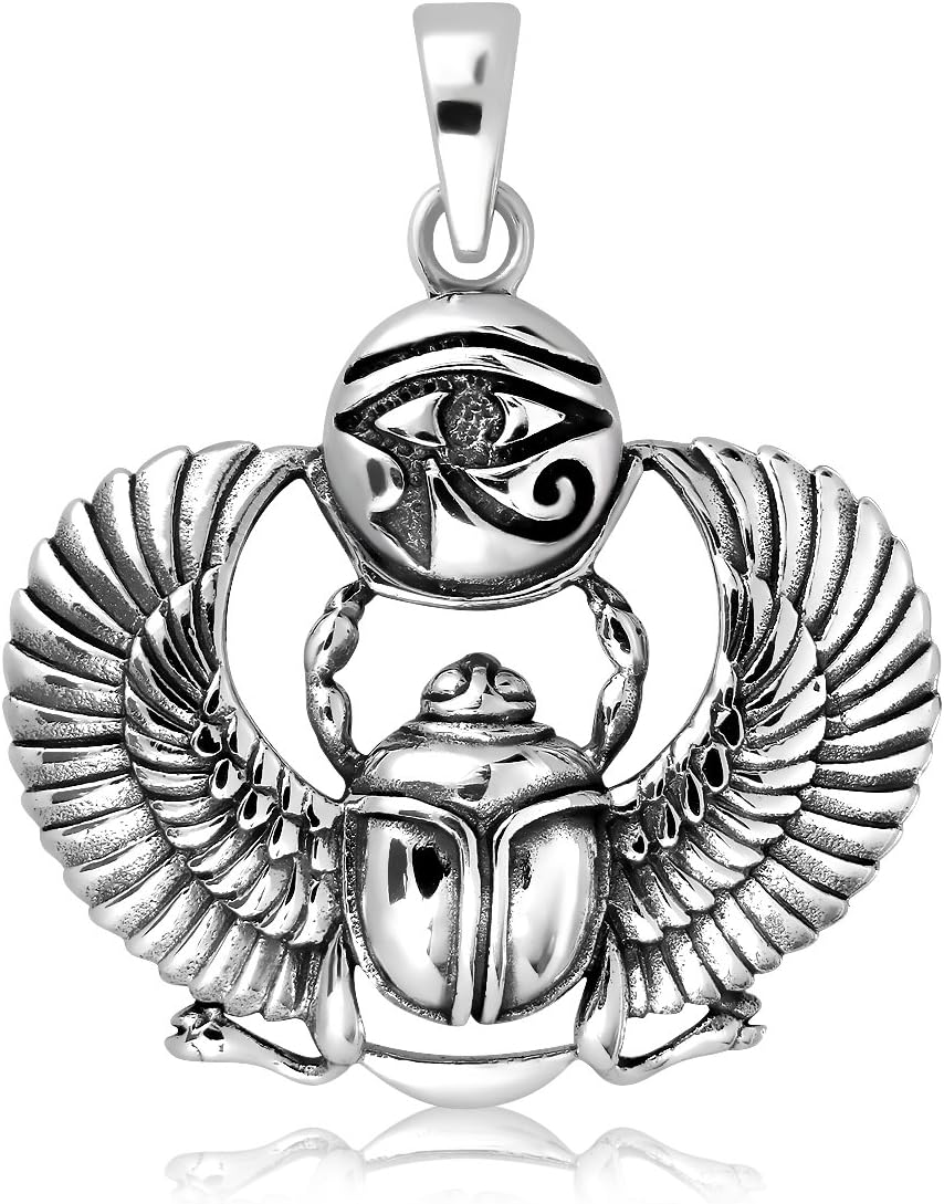 Sistakno Sterling Silver 925 Egyptian Scarab Beetle God of Rising Sun Eye of Ra Symbol of Good Luck Pendant