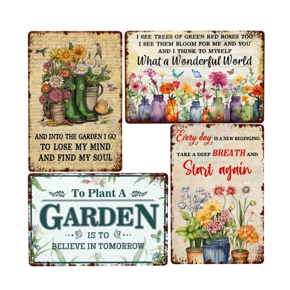 Garden Signs, Retro Garden Signs Decorative Outdoor Metal Tin Signs Bundle 4 Pieces What a Wonderful World Gardening Signs 12x8 Inch Garden Art Flower Decor for Yard Porch, Gardening Gifts for Women