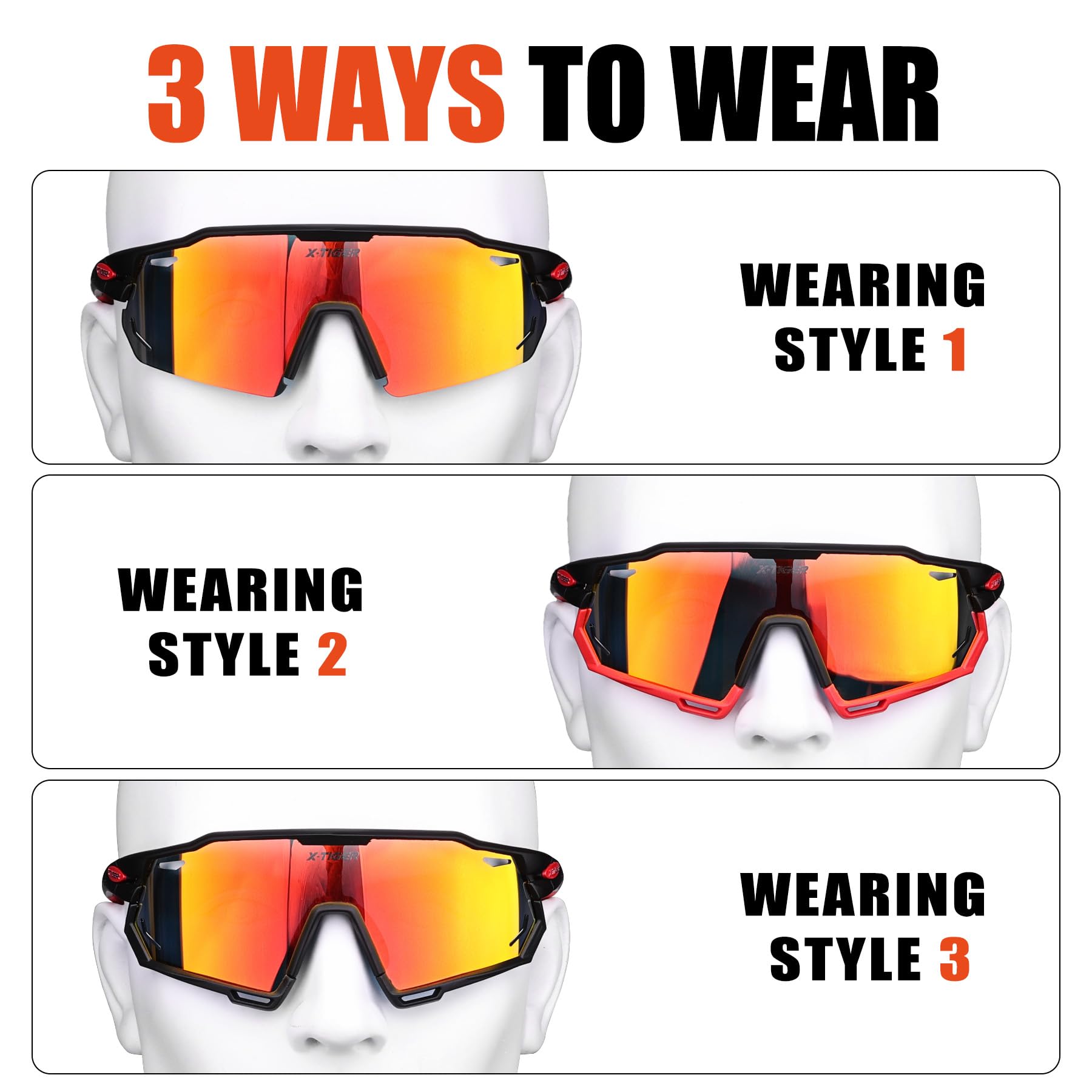 X-TIGER Lunettes de Cyclisme Lunettes de VTT Homme, Lunettes de Vélo avec 5 Lentilles Interchangeables Protection UV400, Montures TR90 résistantes au Stress, Pour Pêche Conduite Running Bicyclettes