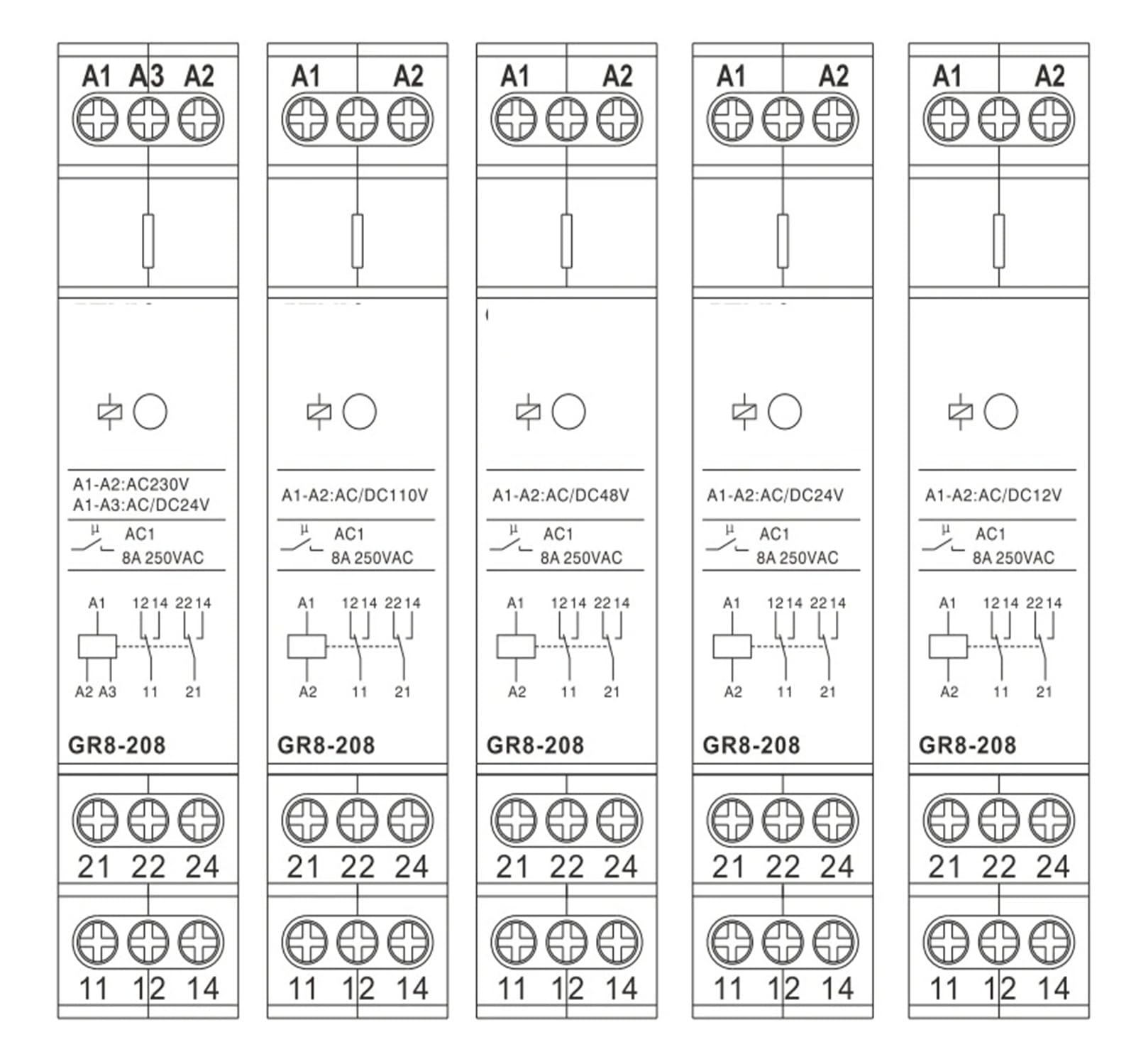 GR8-208 Relè Ausiliario Interruttore Intermedio 8A 2SPDT 12V 24V 48V 110V 220V RELÈ Modulo Guida Din(GR8-208-ACDC24V)