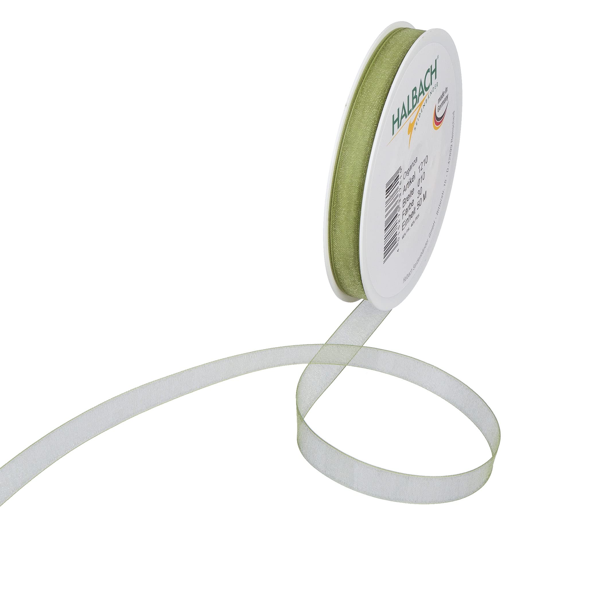 Halbach Seidenbänder Ribbon, Green, 50 Metres x 10 mm
