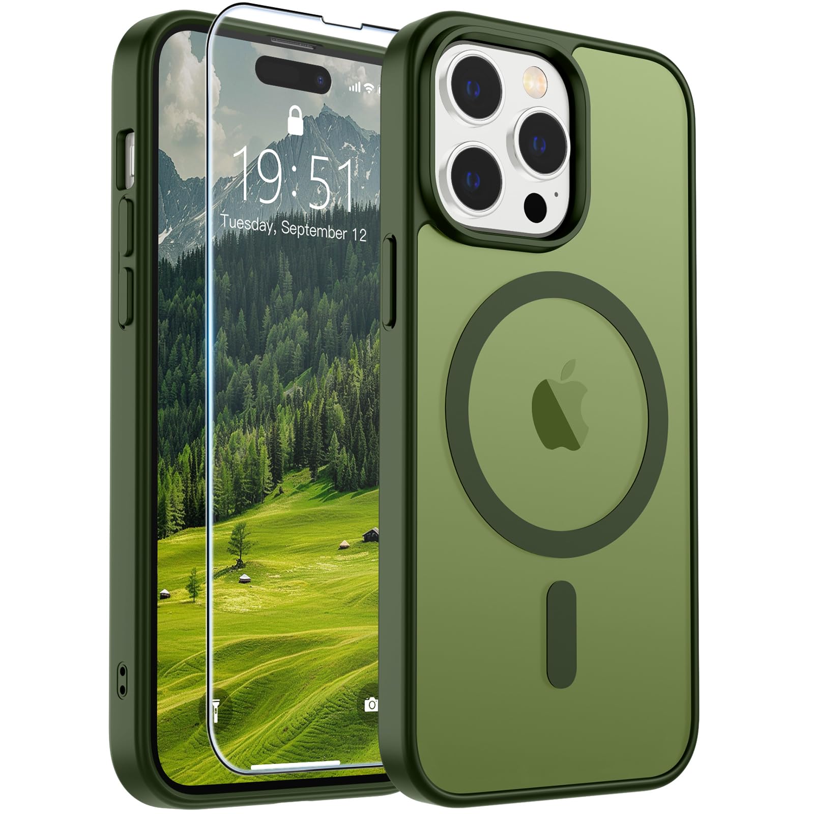 SUPFINE Magnetic for iPhone 14 Pro Max Case Cangling Green | With Screen Protector, Translucent Matte, Compatible with MagSafe, Military Grade Drop Proof, Rugged Shockproof Protective