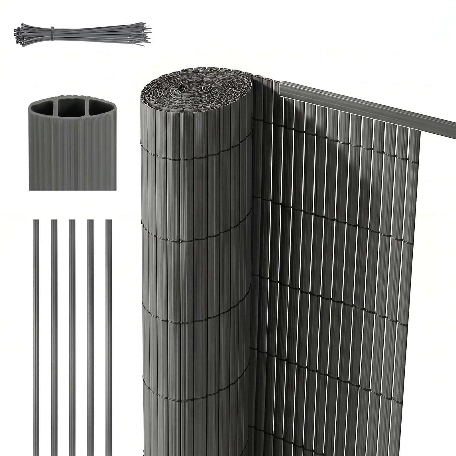 Sekey PVC Sichtschutzmatte mit Abdeckprofil & Kabelbindern - 90x500cm Doppelte Verstärkung Innen, Balkon Sichtschutz Sichtschutzzaun Windschutz Wasserdicht ohne Bohren für Balkon Garten, Grau