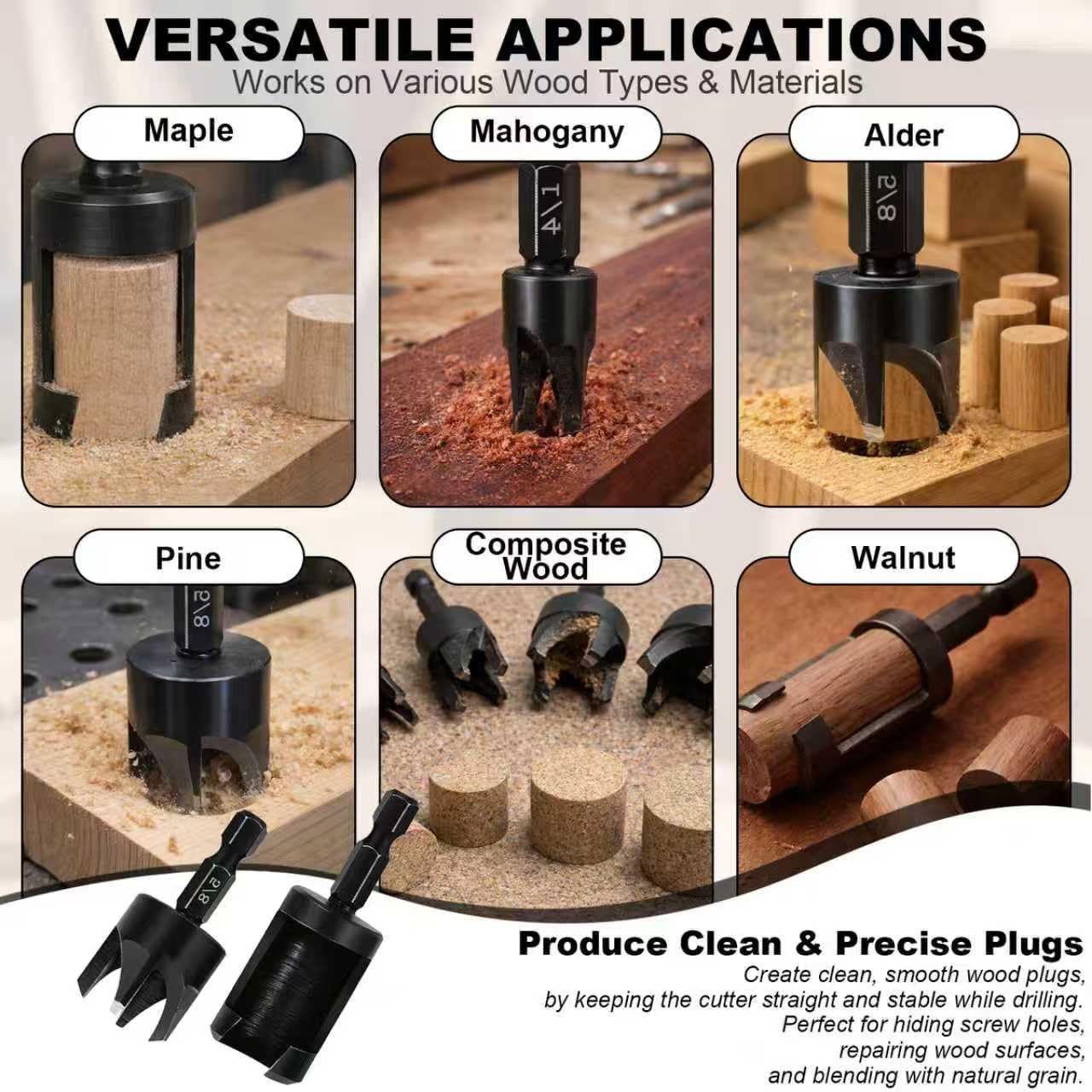 8 Pieces Black Wood Plug Cutter Drill Bit Set, Durable Plug Cutter, Straight and Tapered Plug Drill Bits 1/4", 5/8", 3/8", 1/2" with 1/4 Inch Hex Shank, Cutting Tool for Wood — Amazon image 6