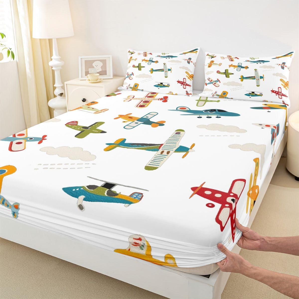 Erosebridal Cartoon Aircraft Bedding Set King Airplane Print Bed Sheets Aircraft Flying Planes Sheet Set Kids Boys Girls,Travel Decor Fitted Top Sheets 4 Piece