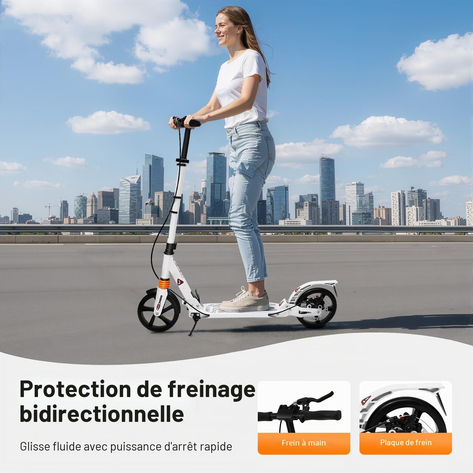 Trottinette professionnelle pliable pour adulte avec frein à main, max. 120 kg, avec frein, réglable en hauteur