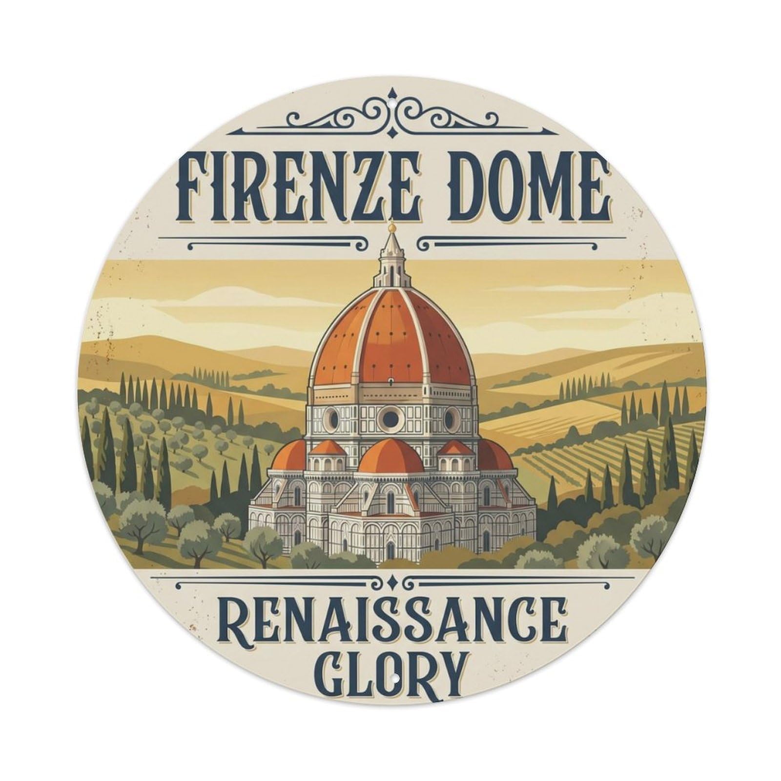 Cathedral Dome Florence Renaissance Landmark Metal Tin Sign Plaque Wall Decor for Cafe, Club Bar, Office, Home Garden Round Metal Poster 8x8Inch