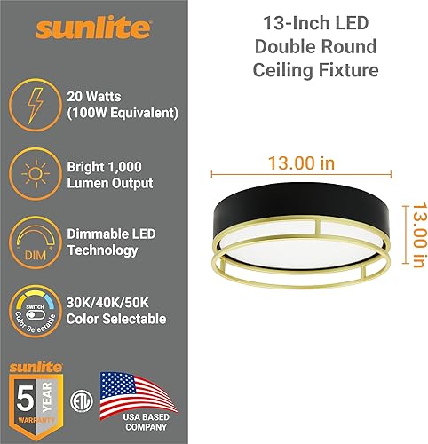 Miniatura 2 de Sunlite 81045 - Lámpara de techo decorativa doble redonda LED de 13 pulgadas, 20 vatios (100 W), 1000 lúmenes, color sintonizable de 30 K40 K50 K,