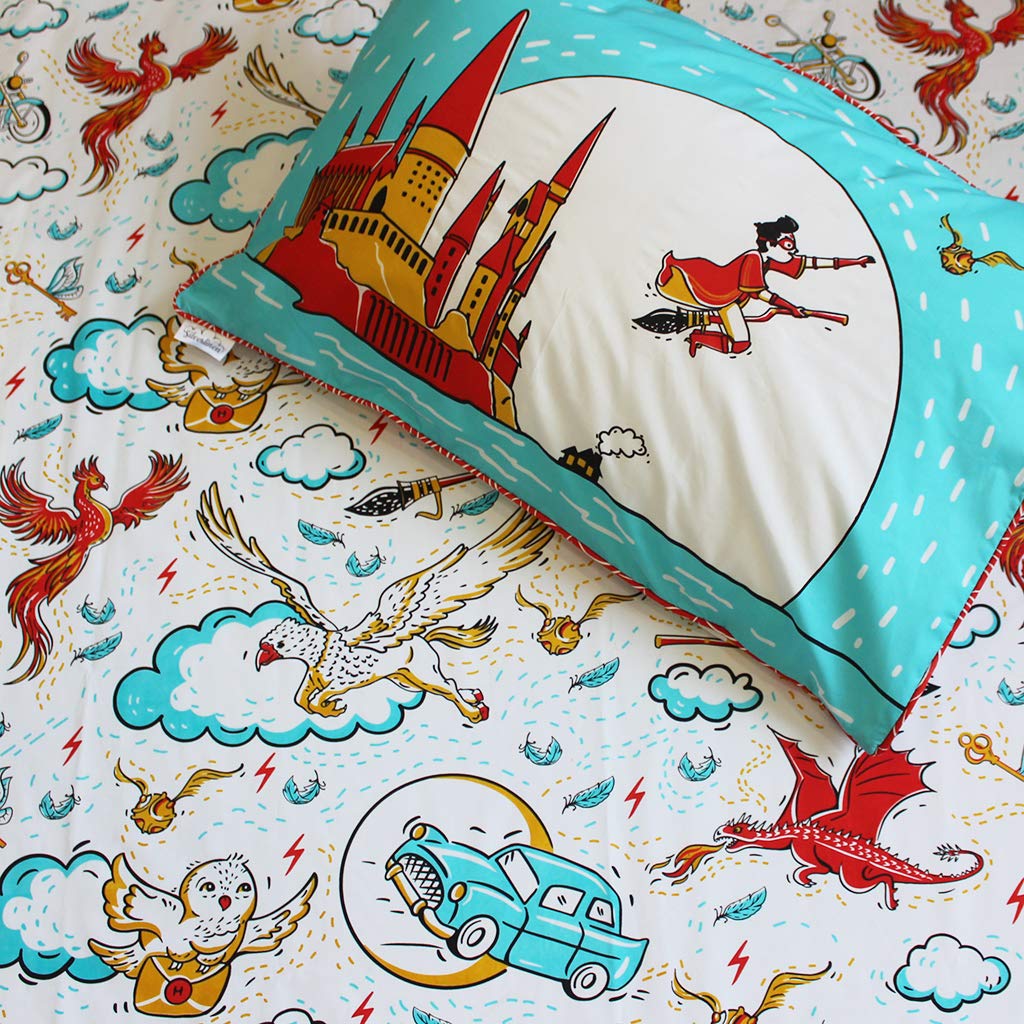 Official Warner Bros Wizarding World Harry Potter Wingardium Leviosa 100% Cotton 250 TC Single Bedsheet for Kids Room for Boys and Girls with One Pillow Cover - Multicolour