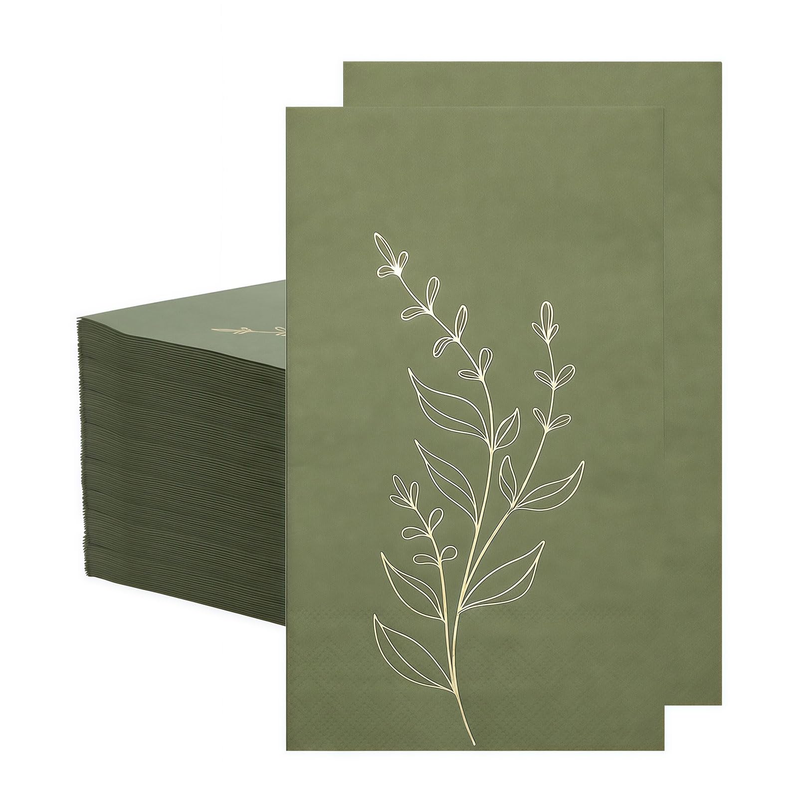 100 Serviettes Vert Olive Motif Feuilles en Foil Doré 2 Plis pour Décoration Table
