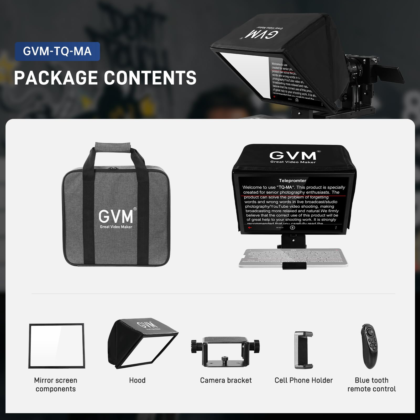 GVM Téléprompteur 12" avec télécommande et Application, téléprompteur Pliable pour Tablette, téléphone, Appareil Photo Reflex numérique, prompteur avec Sac de Transport, écran HD réfléchissant, pour