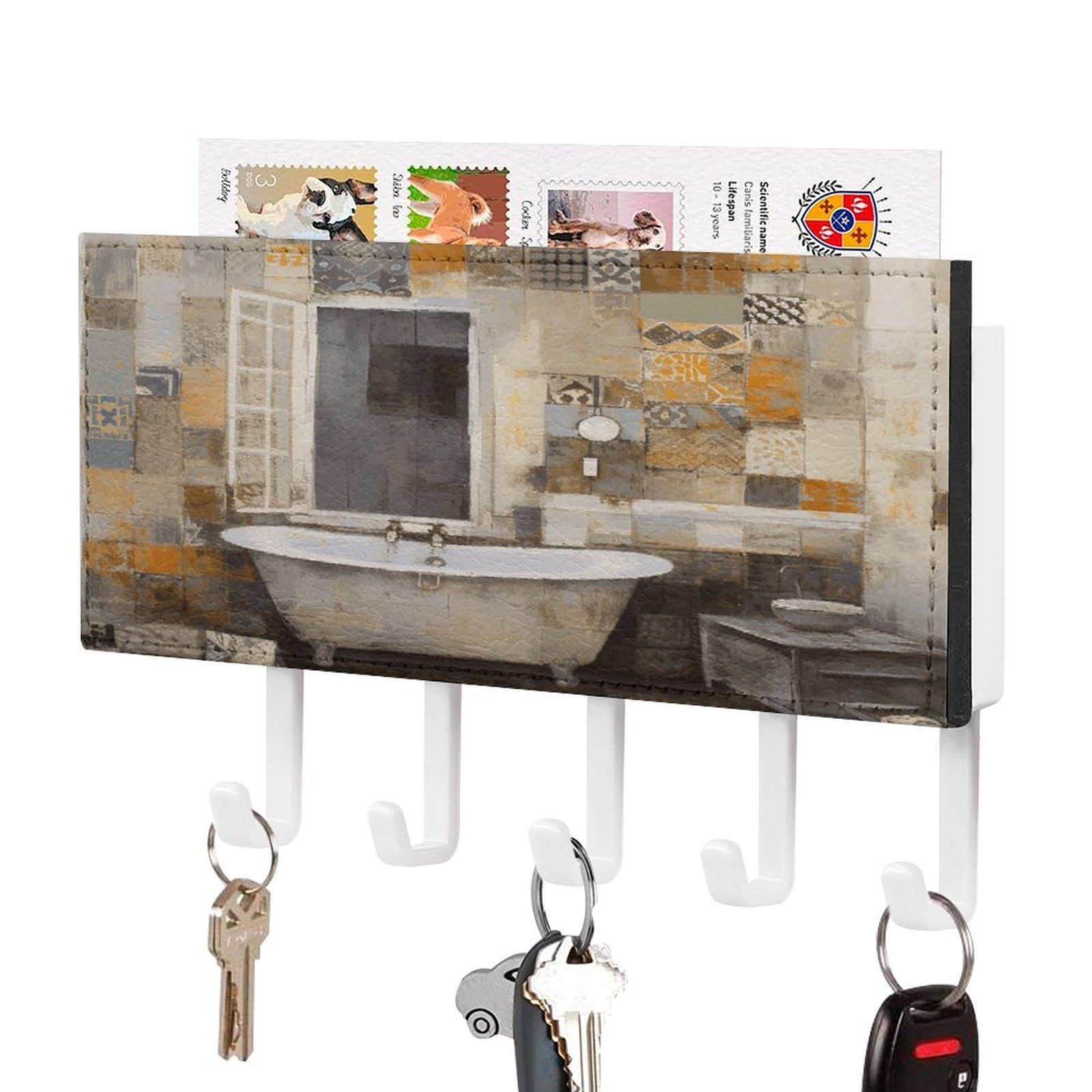 FekiLoot White Bathroom Painting Key Holder Wall Mount Key Hanger with 5 Hooks Decorative Key Rack Hanging Key Hooks with Mail Organizer Key Holder for Wall Living Room Kitchen Bathroom Hallway White