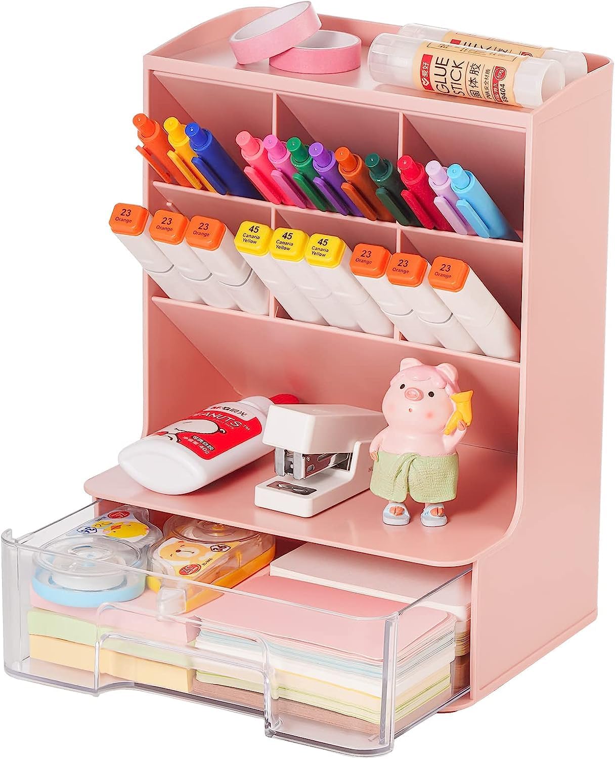 Amazon Brand-Eono Office Desk Organizer, Multifunctional Pen Stand with Drawer, Office Desktop Stationery, Cosmetic Art Supplies, and Pen, Pencil Holder Storage (PINK_1)