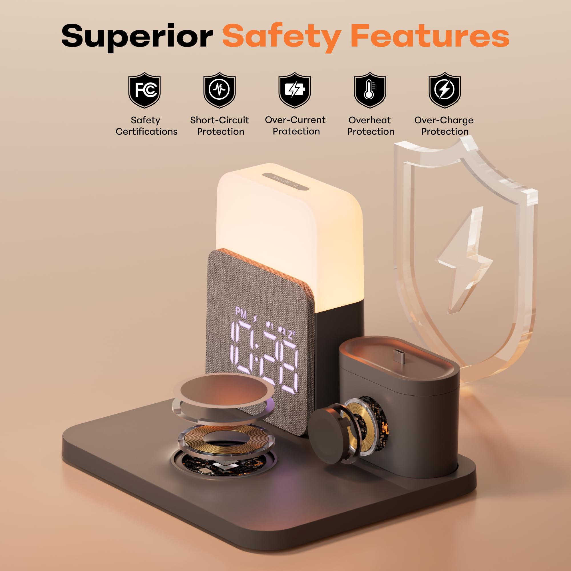 5 en 1 Cargador Inalambrico para i Phone 17-11, con Reloj Despertador | Stazione Ricarica a pple Watch y Air-Pods Caricatore Wireless y Luz Nocturna Adaptador Incluido – para Dormitorio Oficina