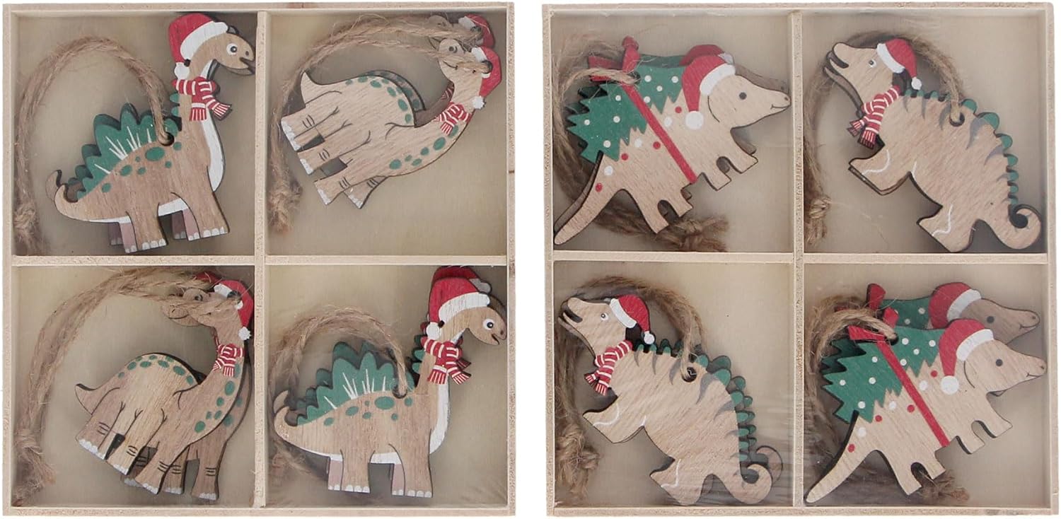 Gisela Graham Wooden Dinosaur Christmas Tree Decorations - Two sets of 8