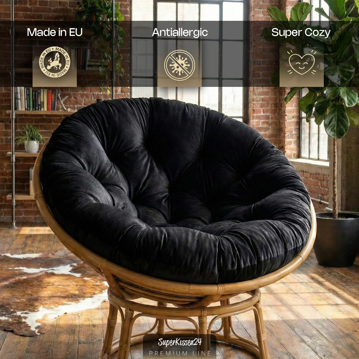 SuperKissen24. Cojín para Silla Colgante – Cojín Redondo con Fibra de Silicona – Cojín para Columpio Colgante de Tela de Terciopelo – Asiento Colgante – Interior y Exterior – Cojín Decorativo para
