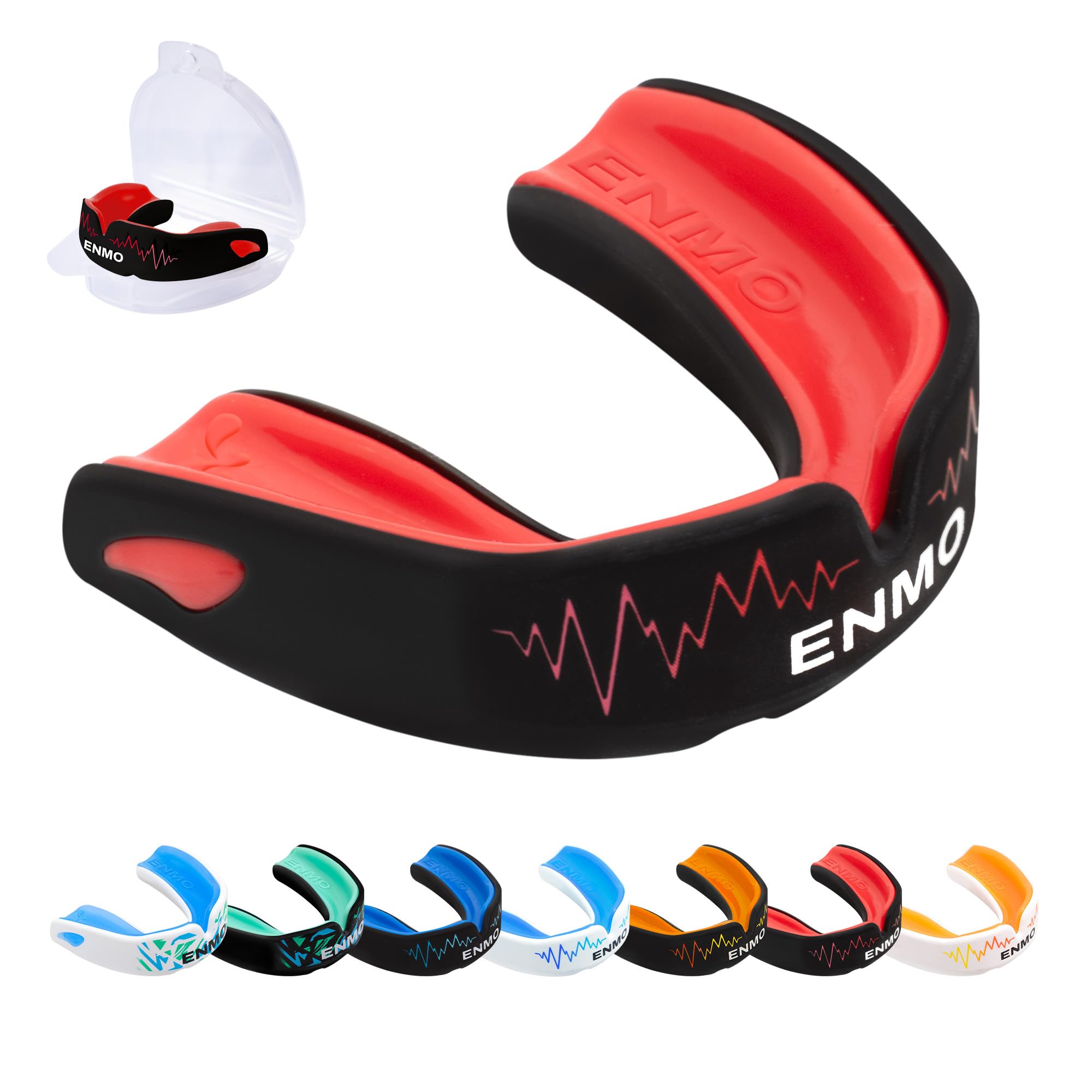 Enmo Maxilla Pro Gum Shield - Adult & Junior 10+ Mouth Guard with Case for Rugby, Boxing, Hockey and Contact Sports - Mouthguard with Boil & Bite, Breathing Channel Tech, Triple Layer - Black/Red