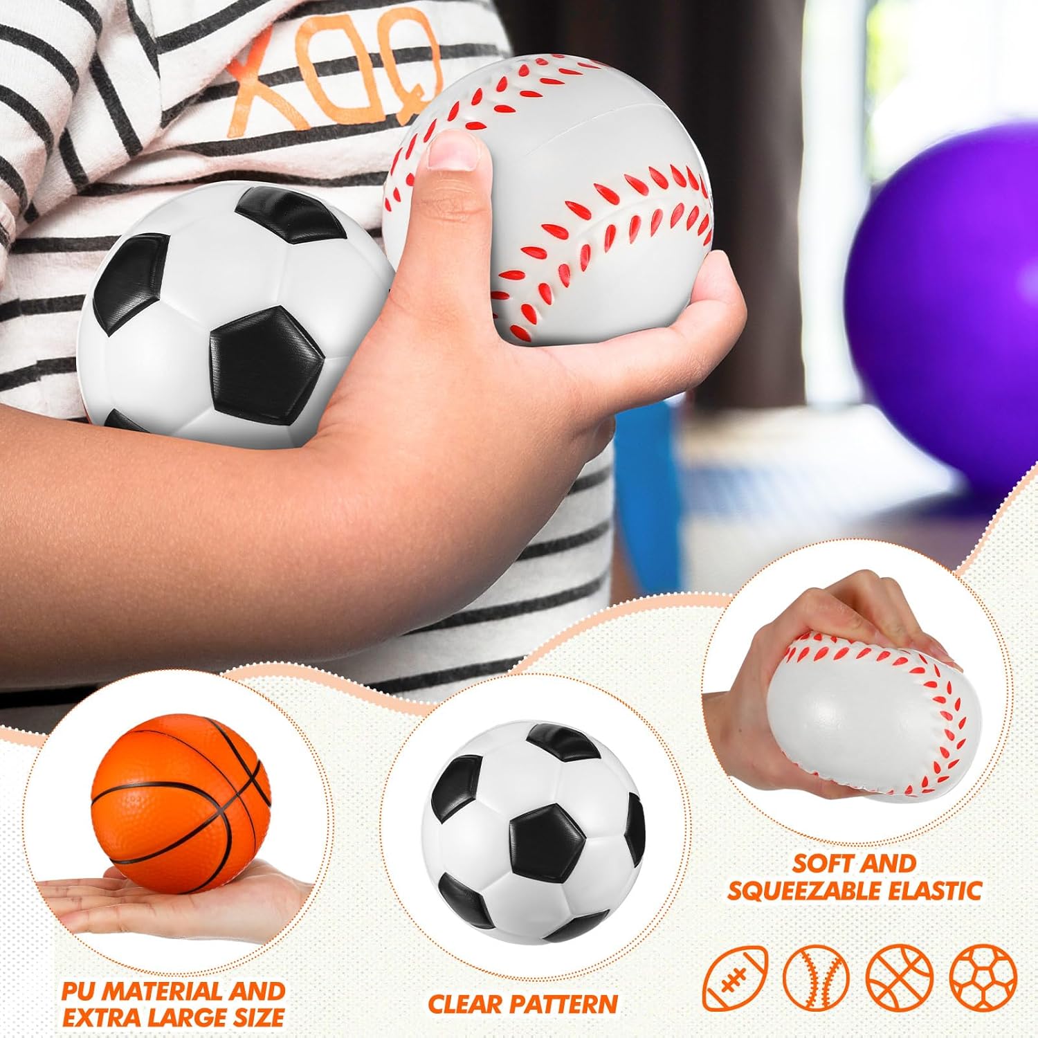 Leyndo 30 Pack 4" Extra Large Sports Stress Balls Bulk PU Squeeze Foam Balls Basketball, Football, Baseball, Soccer, Fidget Toy for Tension Relief Sport Party Favors Class Prizes Kids Adult