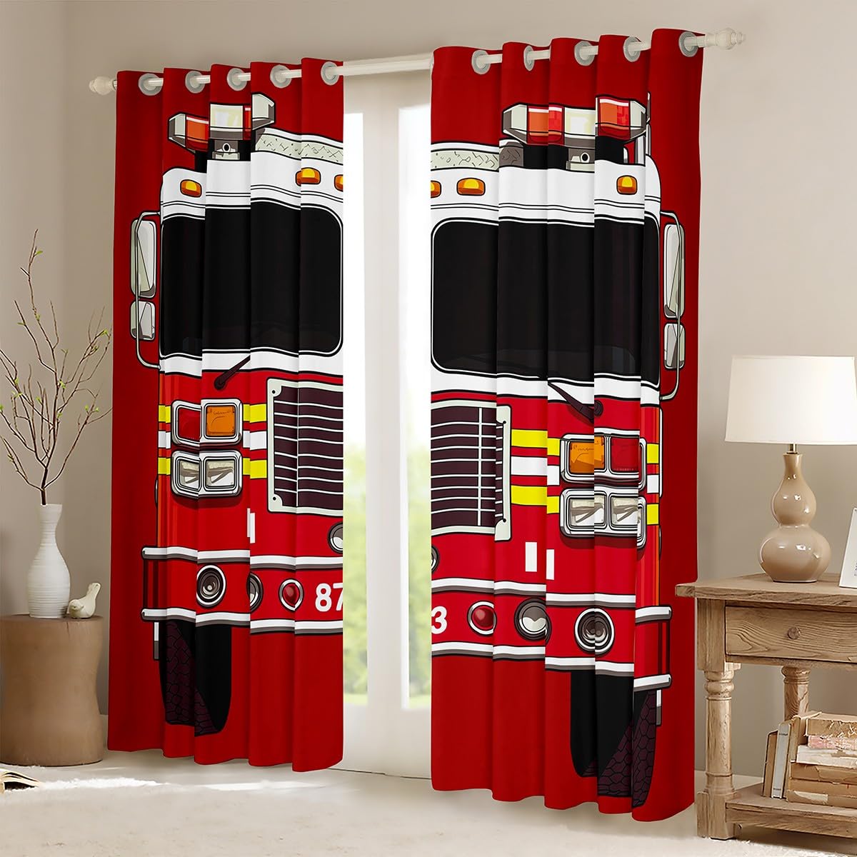 Manfei Fire Truck Window Curtains Red Fire Engine Window Treatments, Cartoon Fireman Car Window Drapes for Kids Boys Teens Room Decor Grommet Top 2 Panel Set Bedroom Curtains, 42Wx63L inch