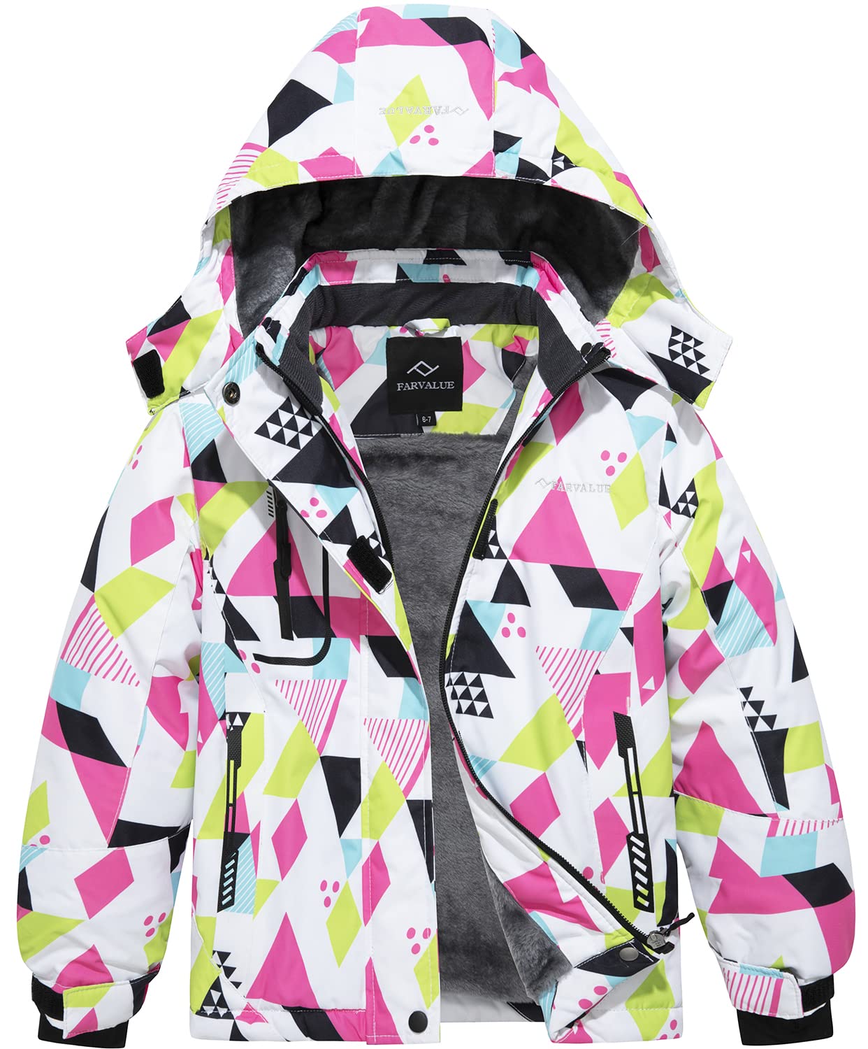 FARVALUEGirls Waterproof Ski Jacket Windproof Winter Coat Warm Fleece Snow Coat Outdoor Raincoats Hooded