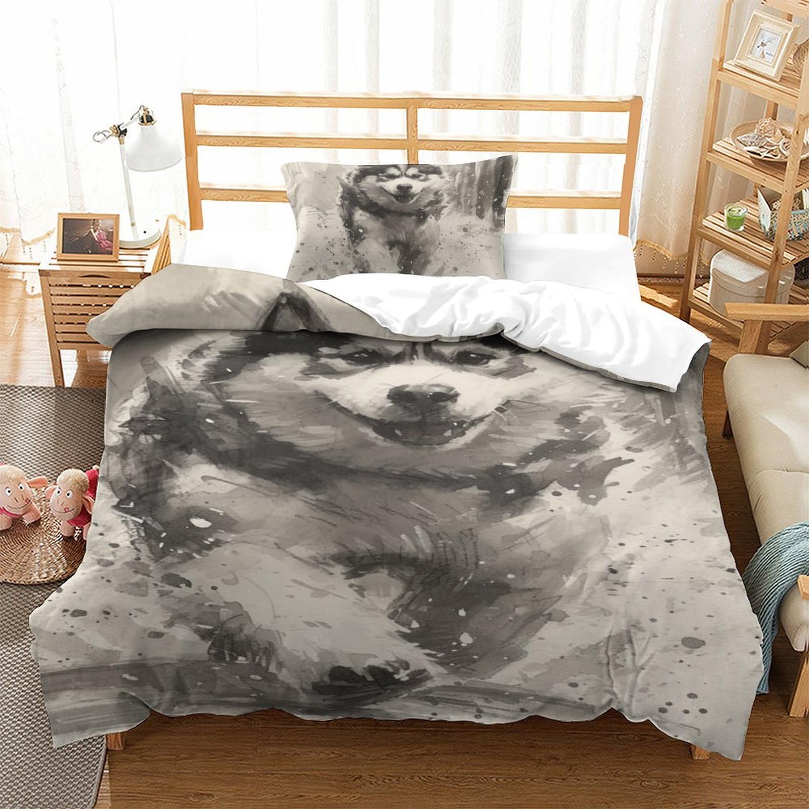 Housse de couette Husky 135x200cm parure de lit 3 pièces impression 3D moderne