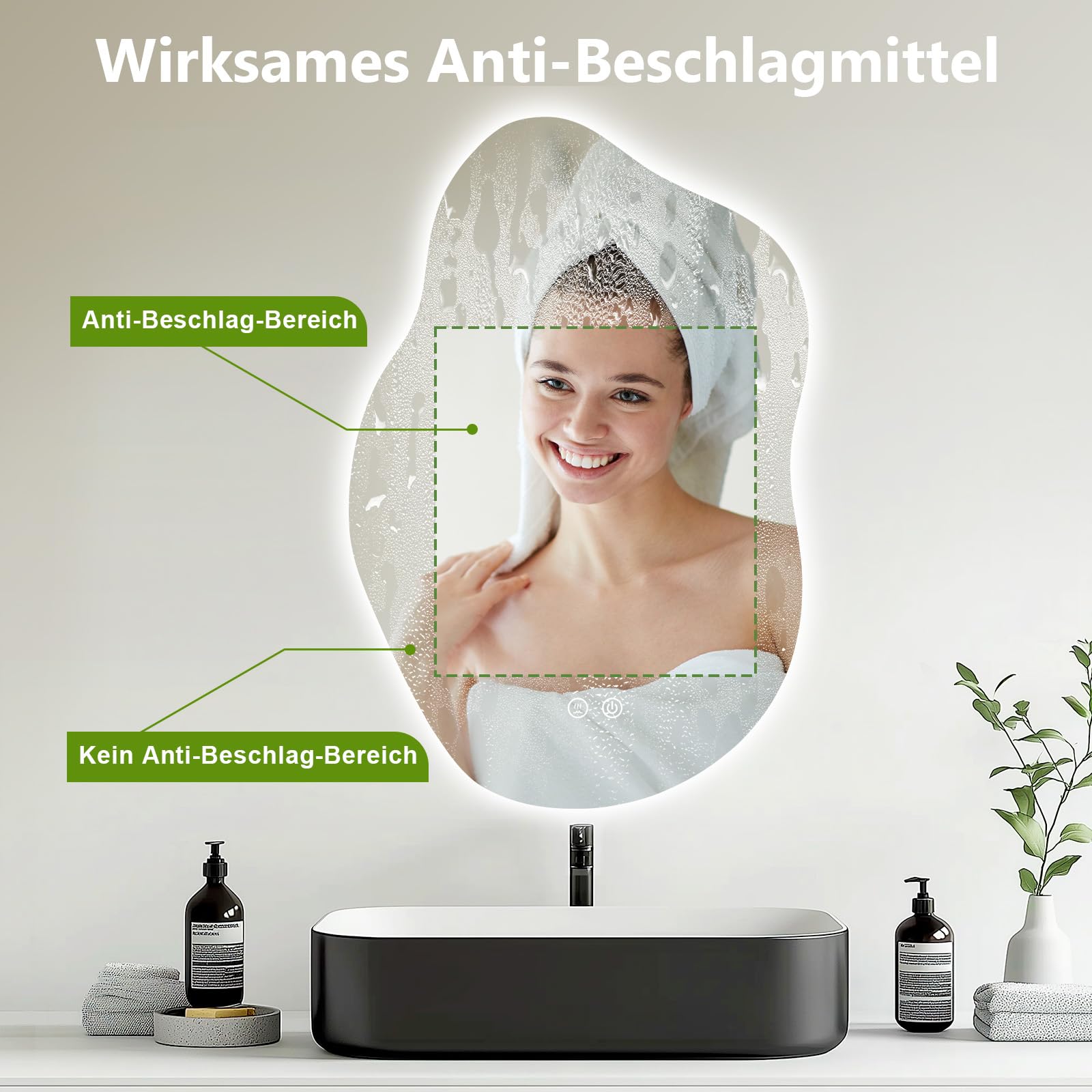 ColdShine LED Badspiegel Asymmetrisch mit Beleuchtung Wandspiegel 80 * 55cm | 3 Lichtfarben, Dimmbar, Anti-Beschlag, Moderner Silber fürs Badezimmer mit Touch-Sensor