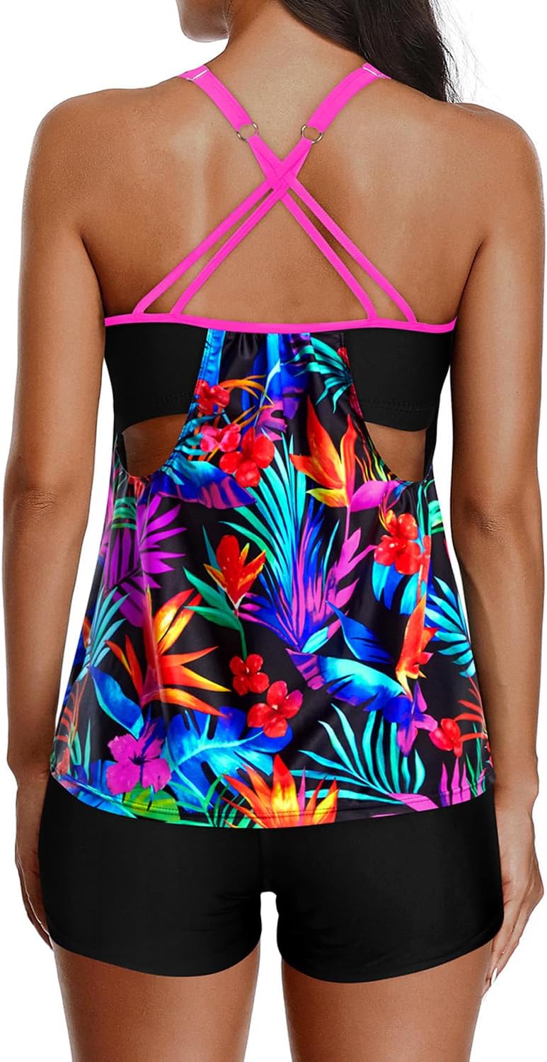 Yonique Tankini Swimsuits for Women Athletic Swim Tank Top with Boy Shorts Two Piece Tummy Control Bathing Suits