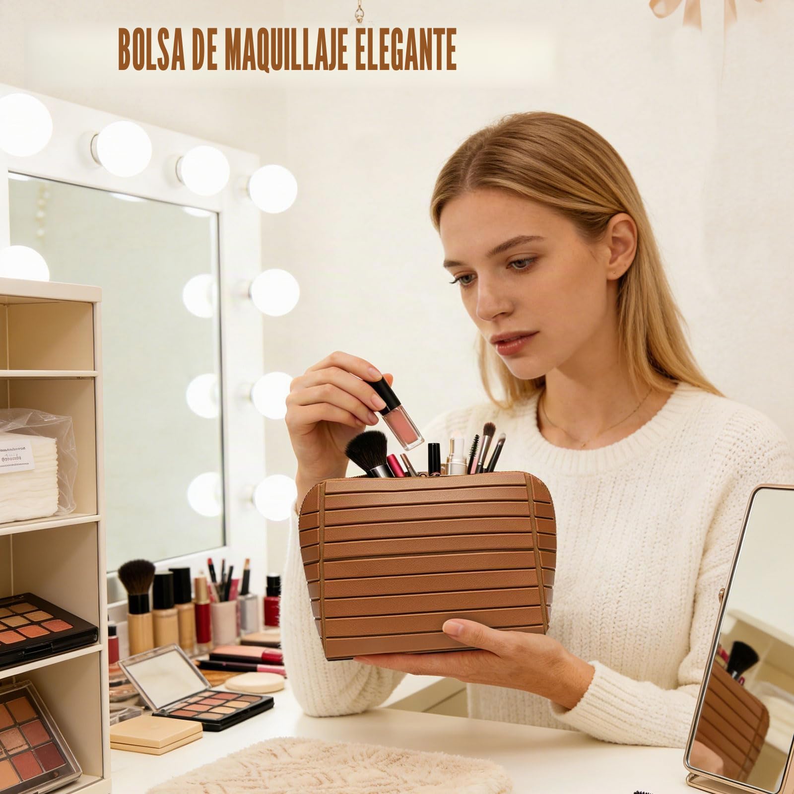 Bolsa de maquillaje de viaje paralelo para mujer, bolsa de aseo plegable paralelo, bolsas de almacenamiento impermeables con compartimentos para el cuidado de la piel, artículos de tocador, Marrón