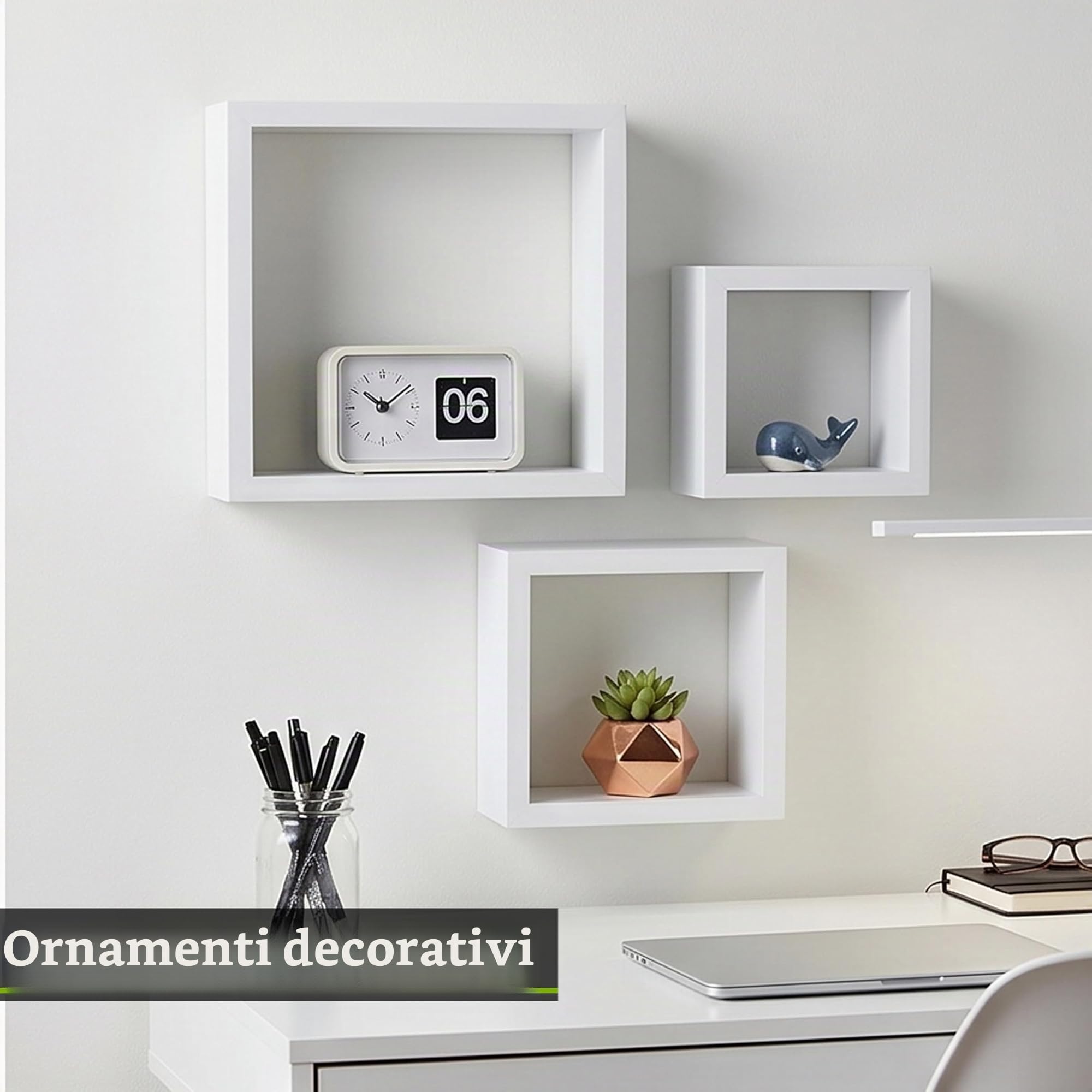 PREMIER Housewares 2402798 Set di 3 Cubi da Parete, MDF, Rivestimento PVC, Bianco