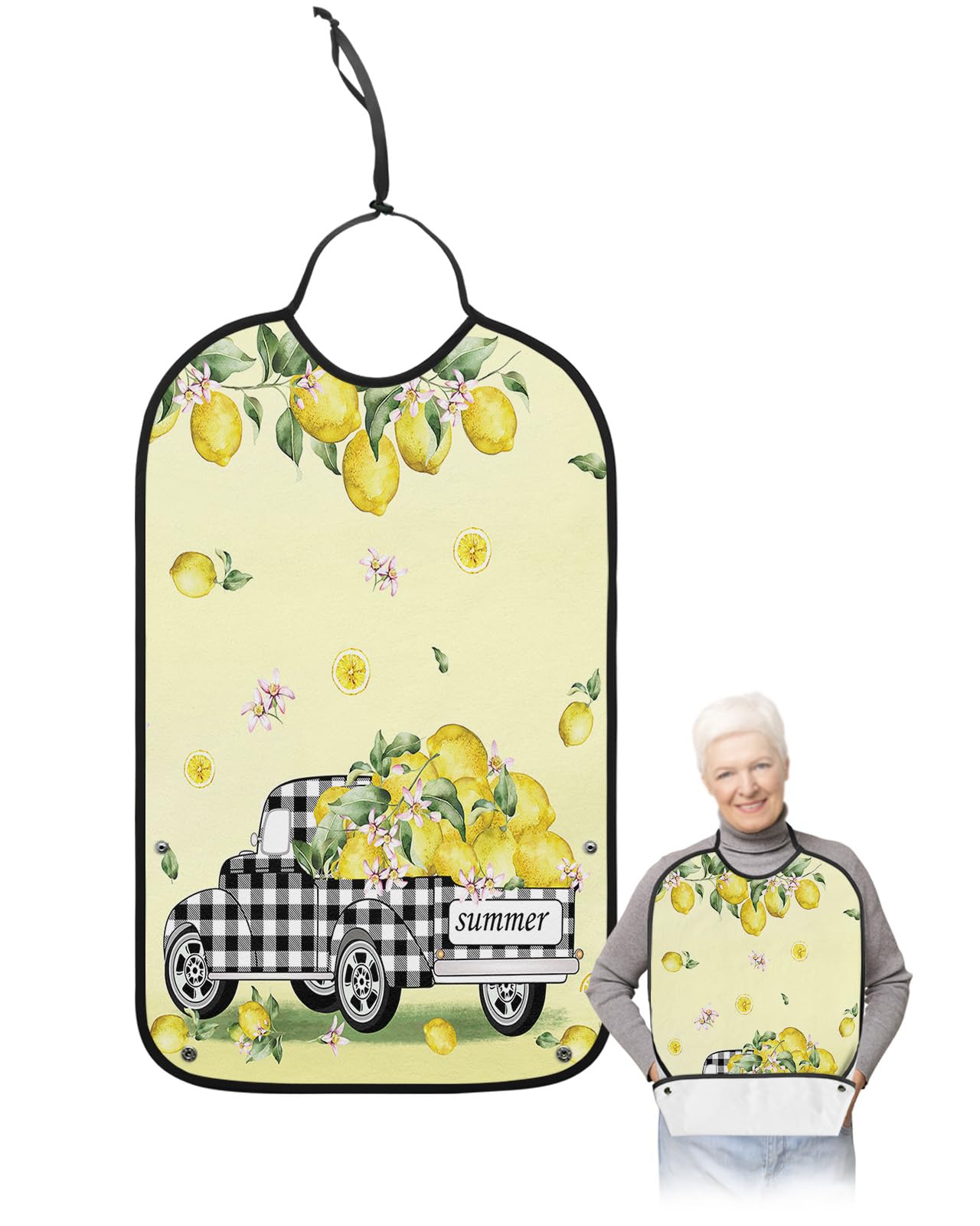Kewadony Adult Bibs for Elderly Women - Summer Lemon Truck Waterproof Dining Clothing Protectors with Crumb Catcher for Eating/Feeding, Rustic Vintage Yellow Fruits Terry Cloth Bib Machine Washable