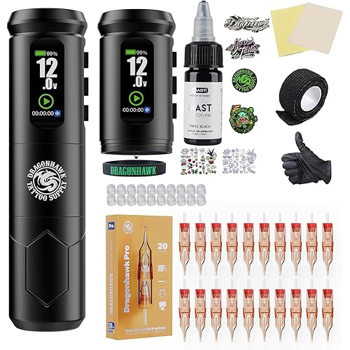 Dragonhawk A1 Pro Tattoo Kit Cordless Complete Pro Tattoo Gun Pen Machine Kit Cartridge Tattoo Machine Needles for Beginners 2 Batteries
