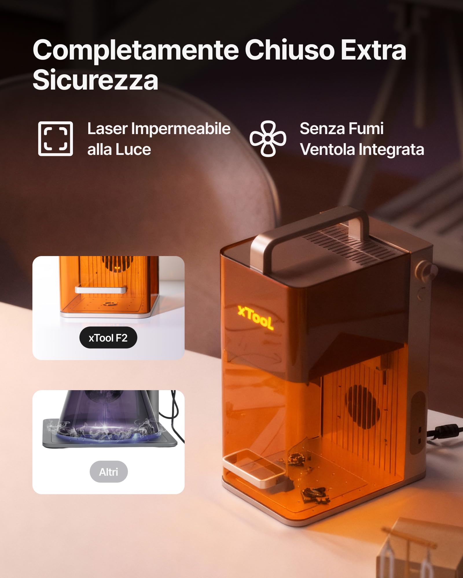 xTool F2 Incisore Laser Doppio (5W IR + 15W Diodo), Fotocamera 50MP, 6000mm/s, Embossing 3D, Marchiatura a Colore su Metallo, per professionisti ad uso commerciale