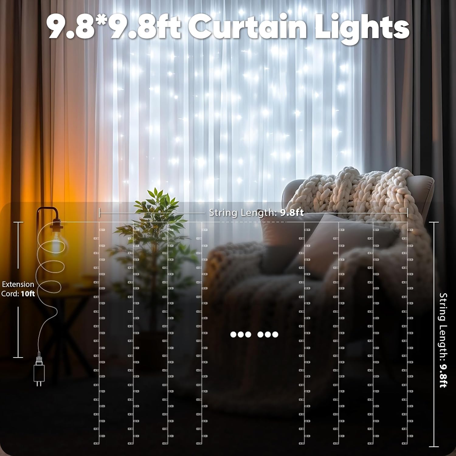 suddus Curtain Lights Outdoor, String Lights for Bedroom, Window, Wall, Wedding, Party White 300 LED