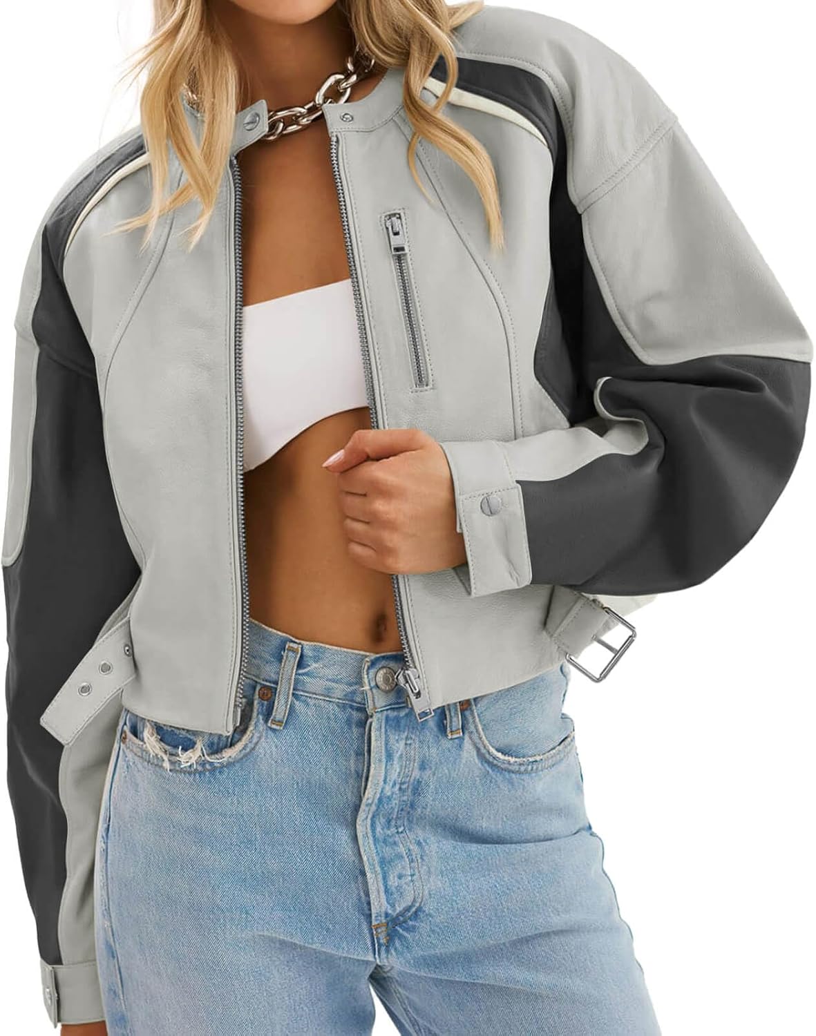 Tankaneo Womens Faux Leather Bomber Jackets Cropped Zip Up Color Block Fall Casual Moto Biker Coats