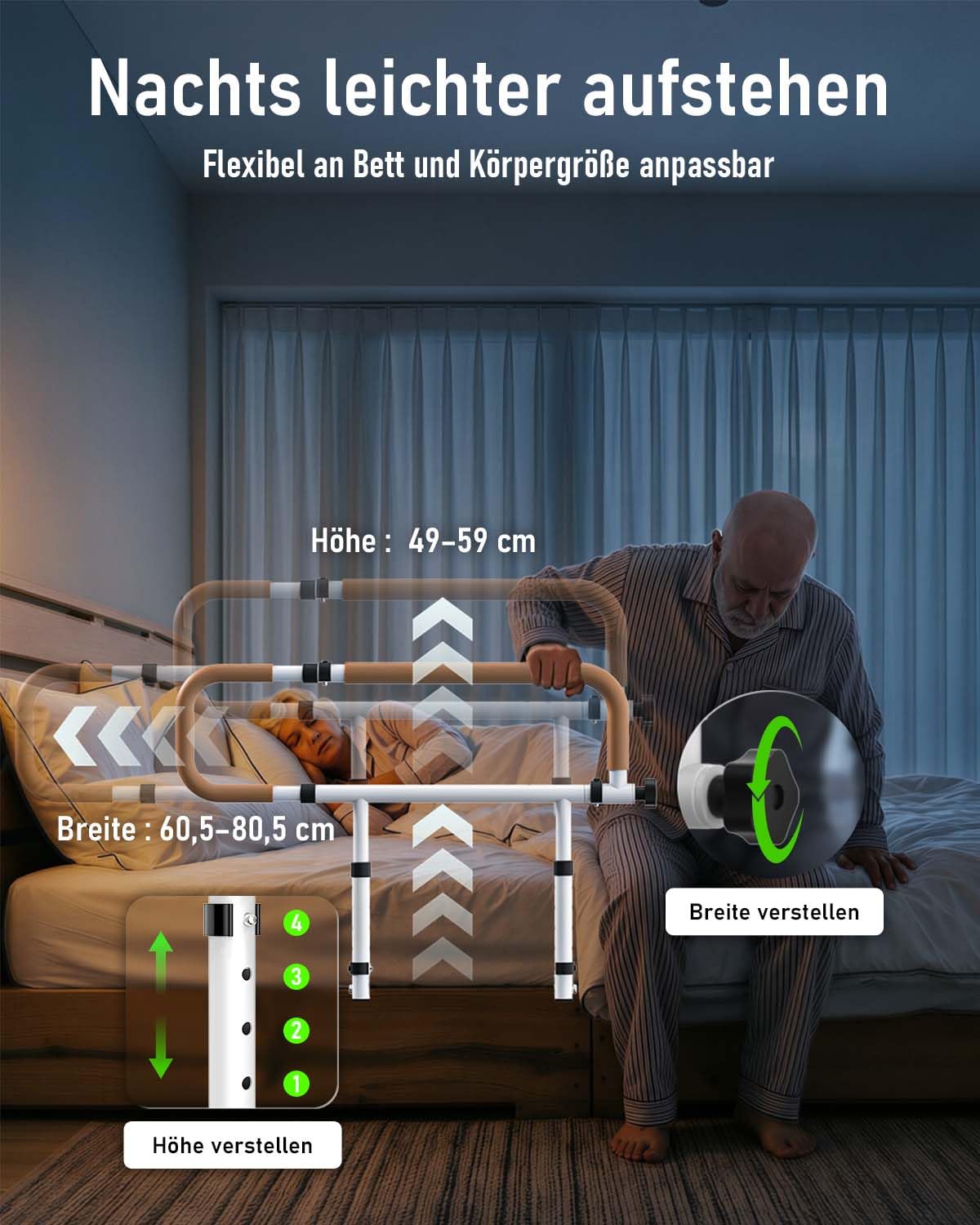 Aufstehhilfe Bett, Bettgitter für Senioren, klappbar, leicht montierbar | Stabiles Stahlgestell, Doppelfixierung mit Gurt und Schrauben, höhen- und breitenverstellbar, Tasche, bis 136 kg belastbar