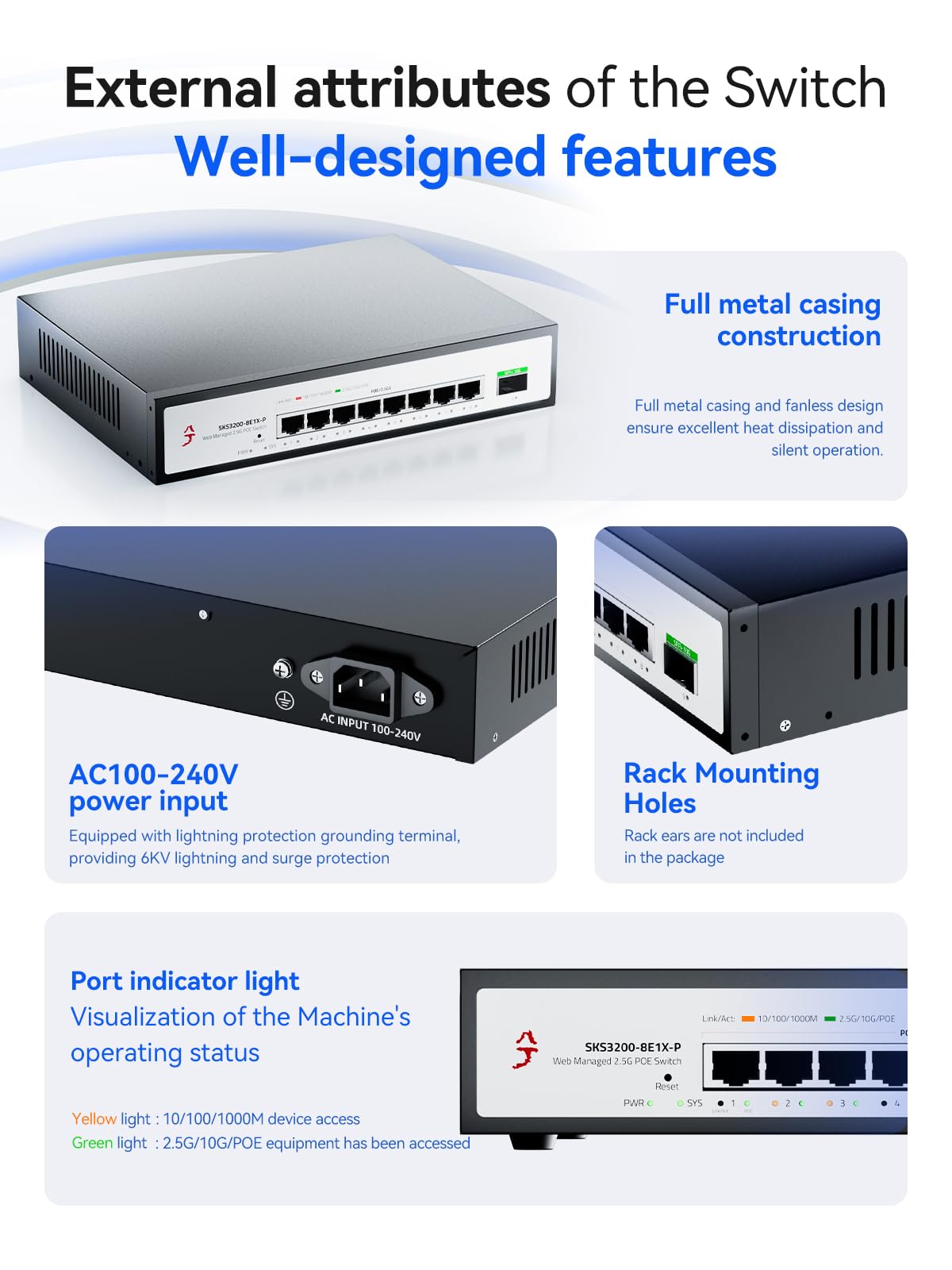 Switch XikeStor 9 Porte 2.5G PoE+ con 1x 10G SFP+ | 8 Porte PoE @30W, 140W Totale, IEEE 802.3af/at | Gestione Web, VLAN, LACP | Fanless | Per AP WiFi 6, Telecamere IP, NAS | Switch 2.5G PoE Web Managed VLAN/LACP/QoS/IGMP, per WiFi 6 AP, telecamera IP, NAS