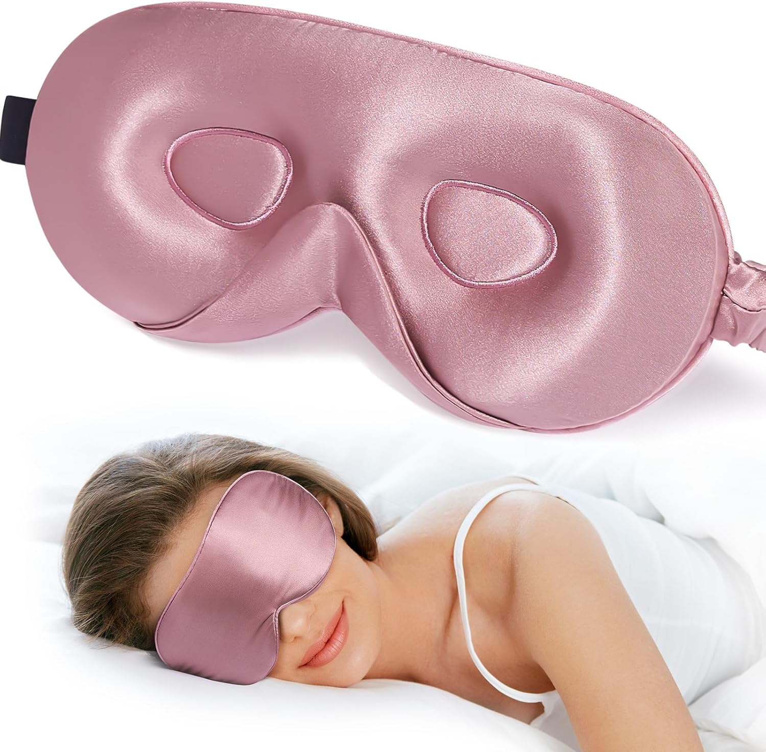 LitBear 100% 22 Momme Mulberry Silk Sleep Mask – 3D Contoured Eye Mask for Men & Women, Soft Breathable Sleeping Mask with Adjustable Strap, Perfect Blocks Light for Sleeping (Bean Pink)